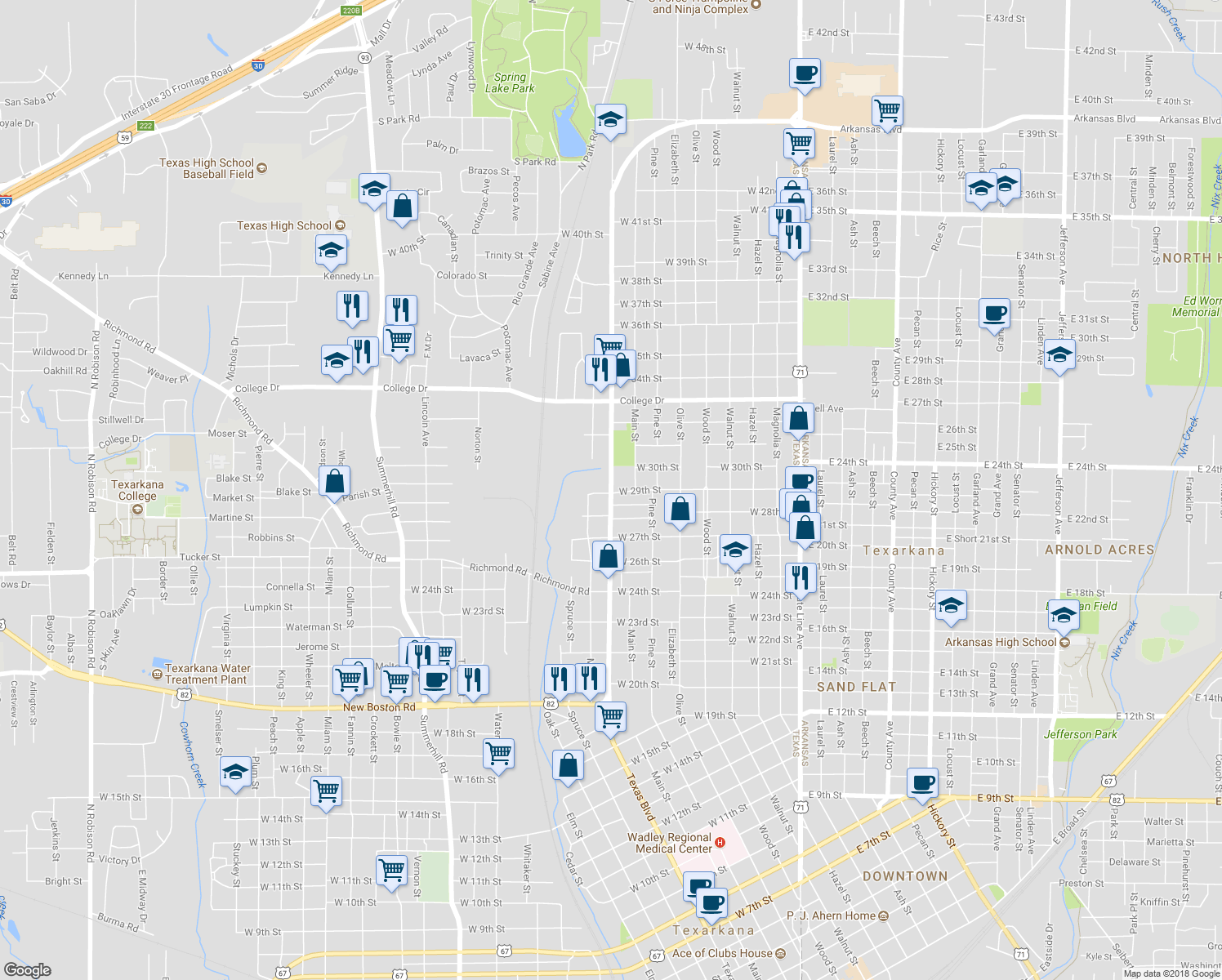 map of restaurants, bars, coffee shops, grocery stores, and more near 2916 Texas Boulevard in Texarkana