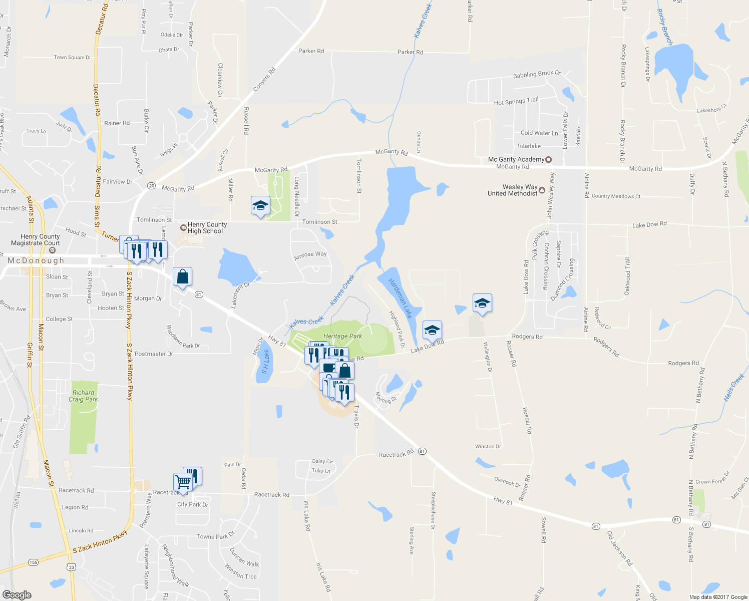 map of restaurants, bars, coffee shops, grocery stores, and more near 137 Highland Park Drive in McDonough