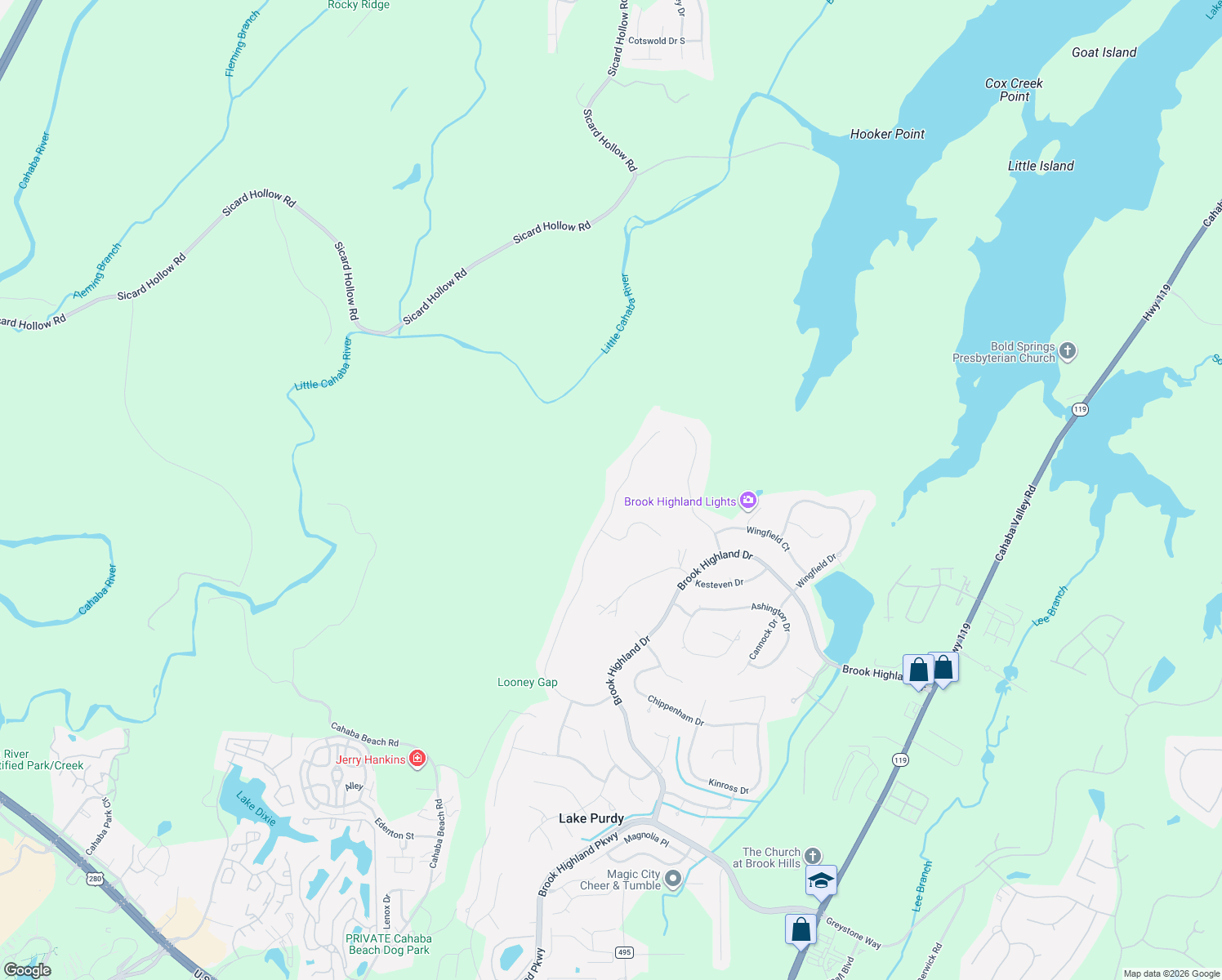map of restaurants, bars, coffee shops, grocery stores, and more near 2120 Brook Highland Ridge in Birmingham