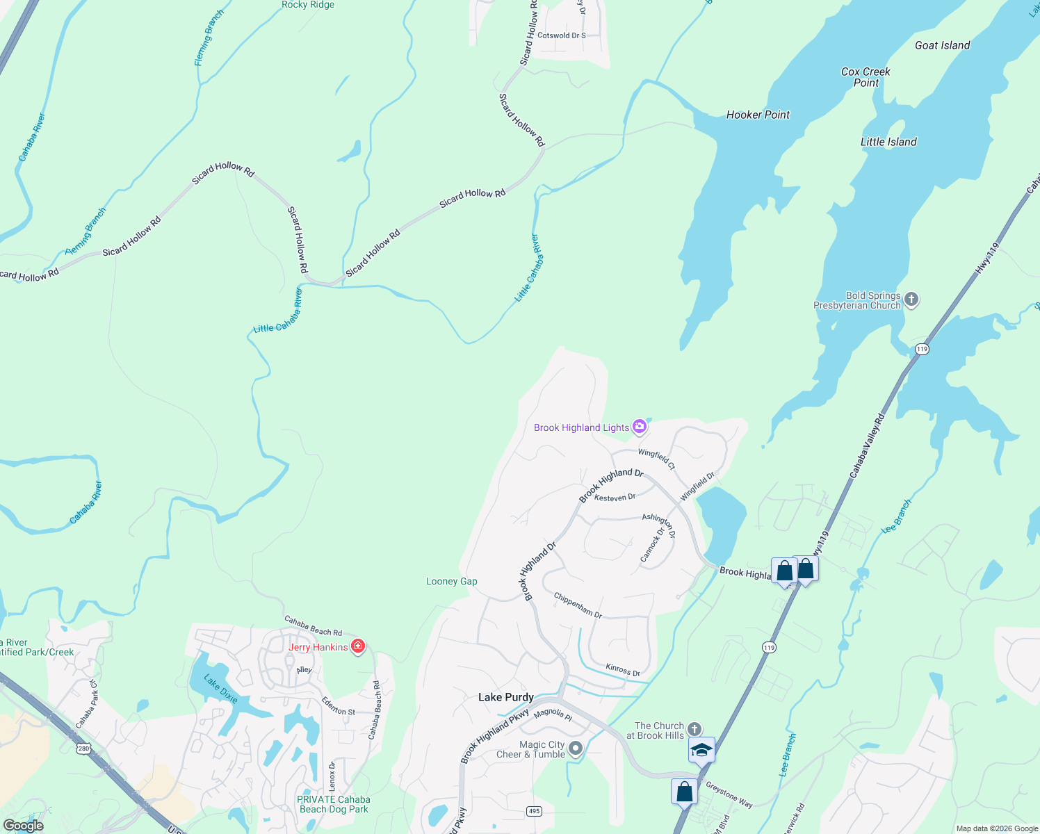 map of restaurants, bars, coffee shops, grocery stores, and more near 2120 Brook Highland Ridge in Birmingham