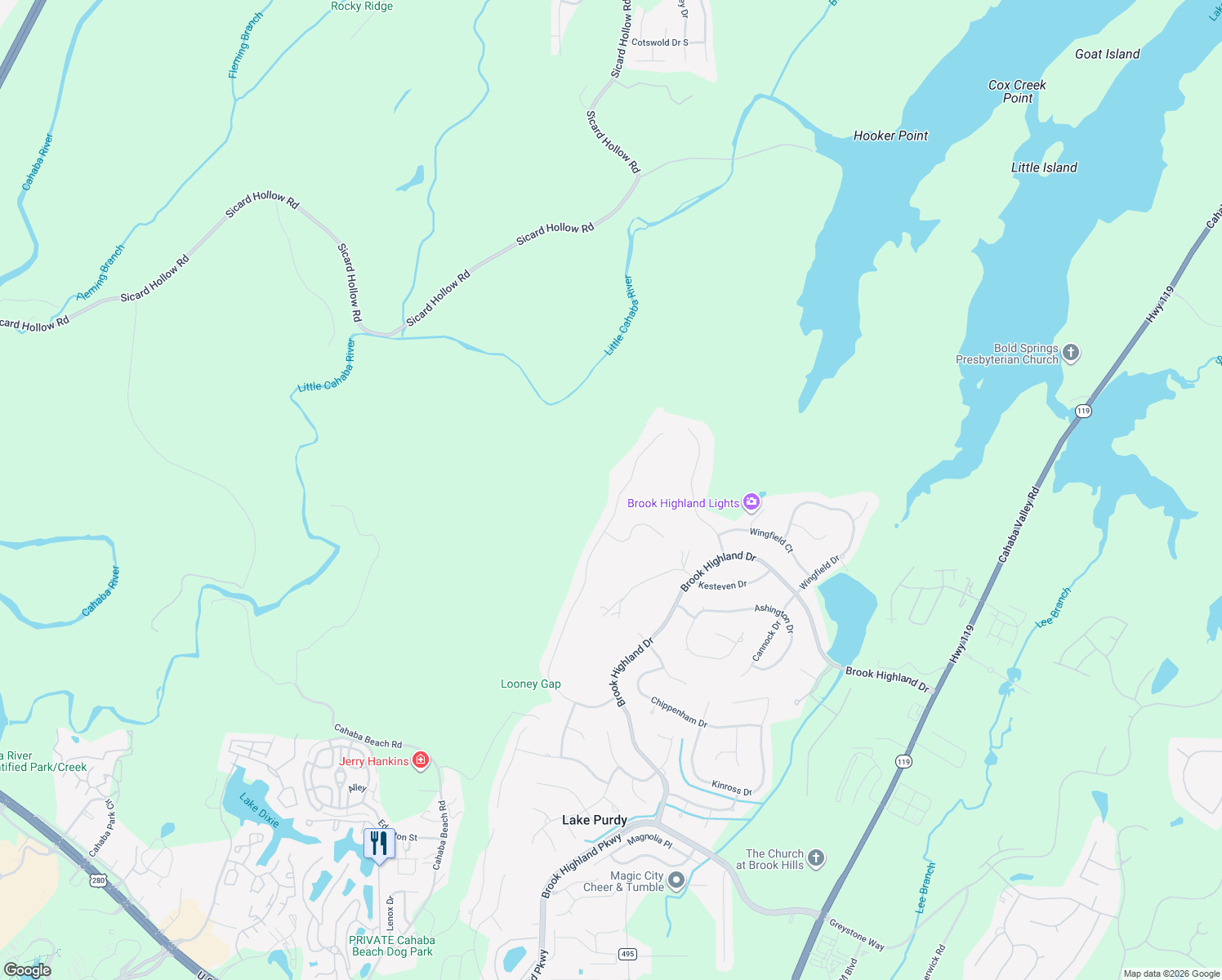 map of restaurants, bars, coffee shops, grocery stores, and more near 2120 Brook Highland Ridge in Birmingham
