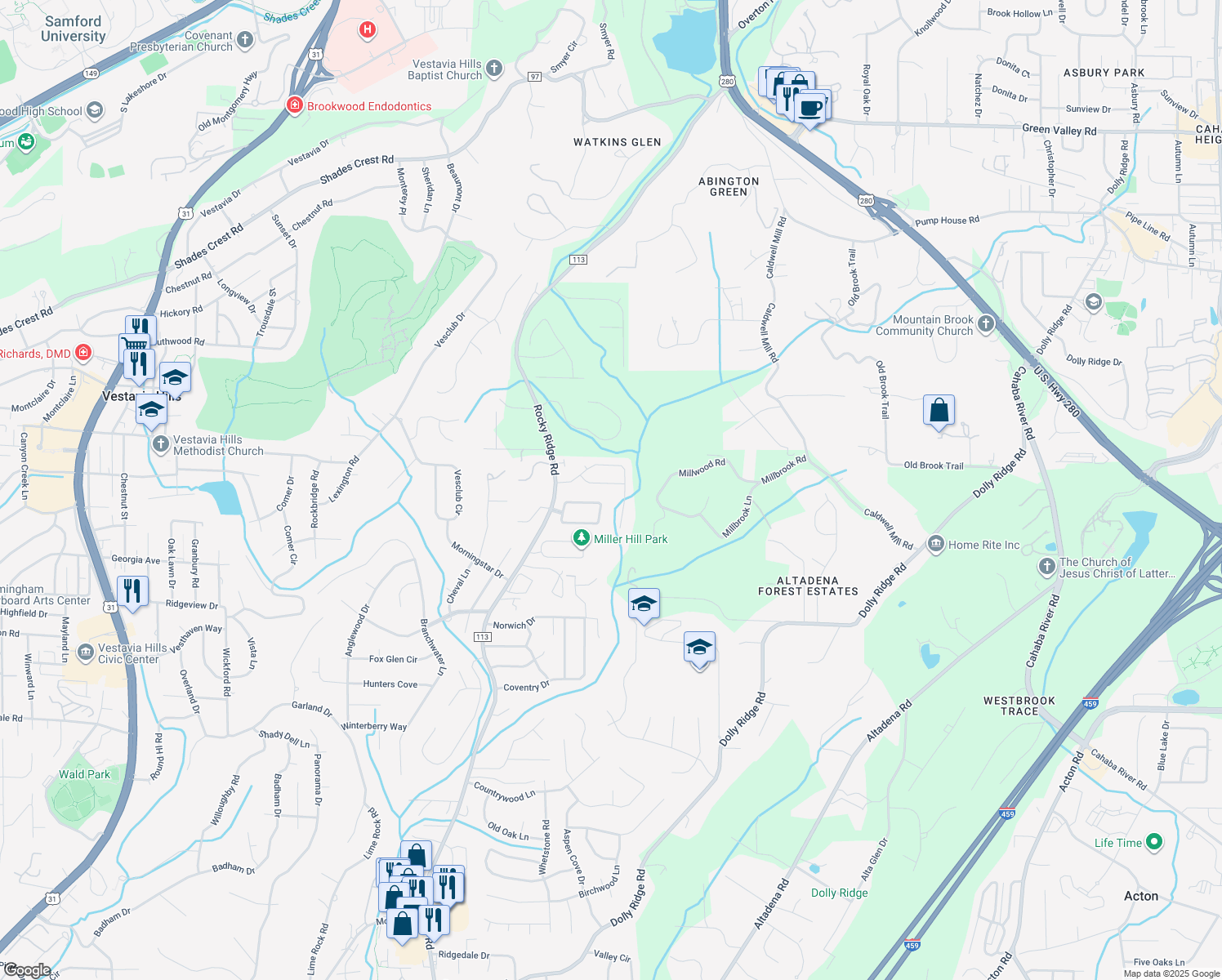 map of restaurants, bars, coffee shops, grocery stores, and more near 3464 Tanglecreek Estates Drive in Vestavia Hills
