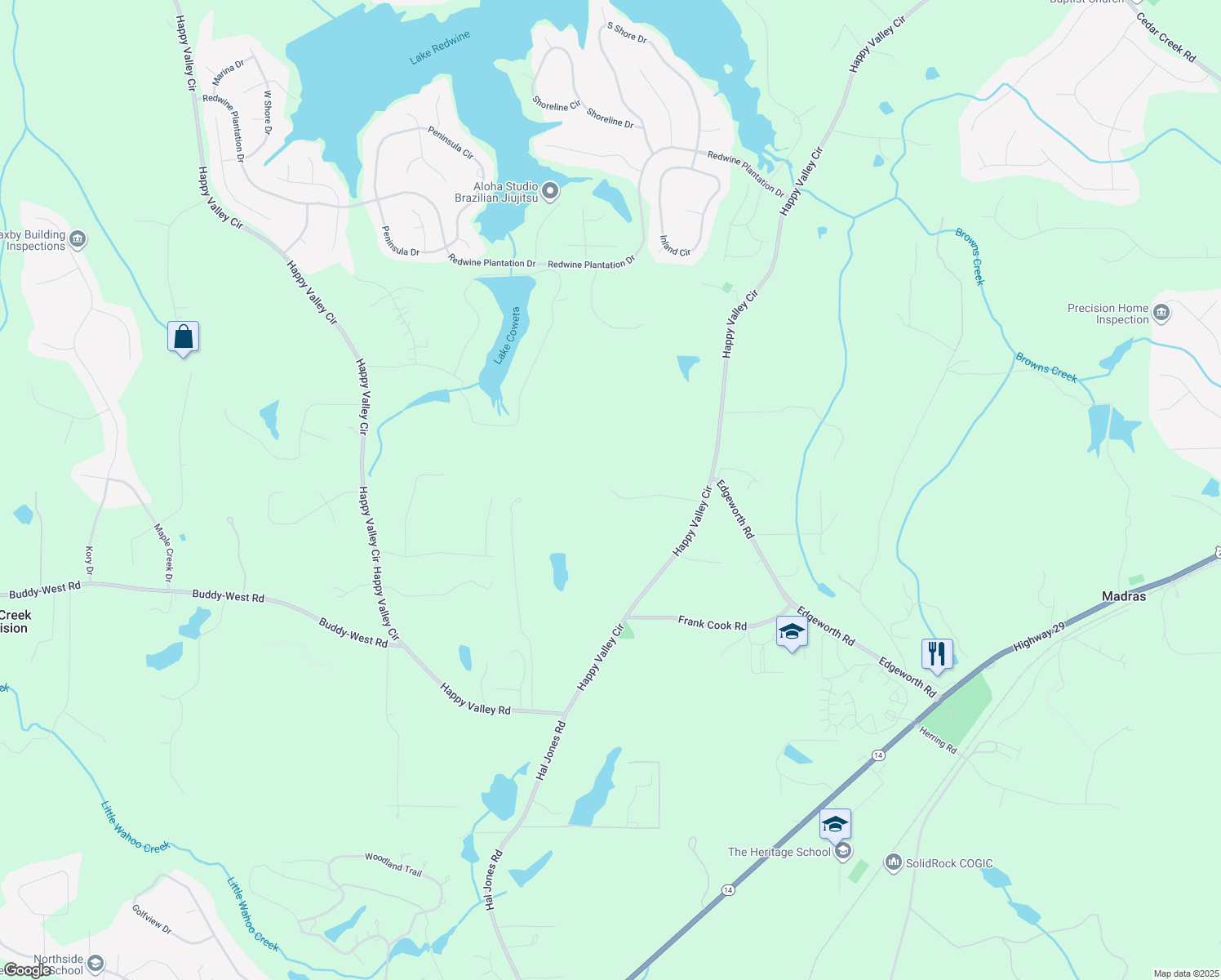 map of restaurants, bars, coffee shops, grocery stores, and more near 199 Bradley Court in Newnan
