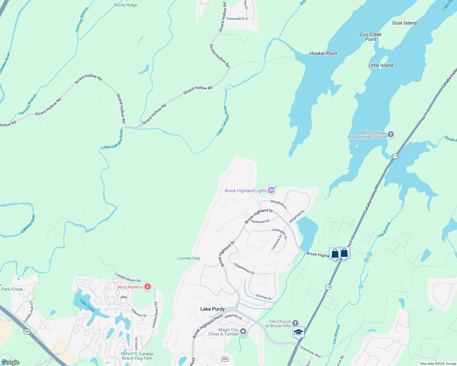 map of restaurants, bars, coffee shops, grocery stores, and more near 2137 Brook Highland Ridge in Birmingham