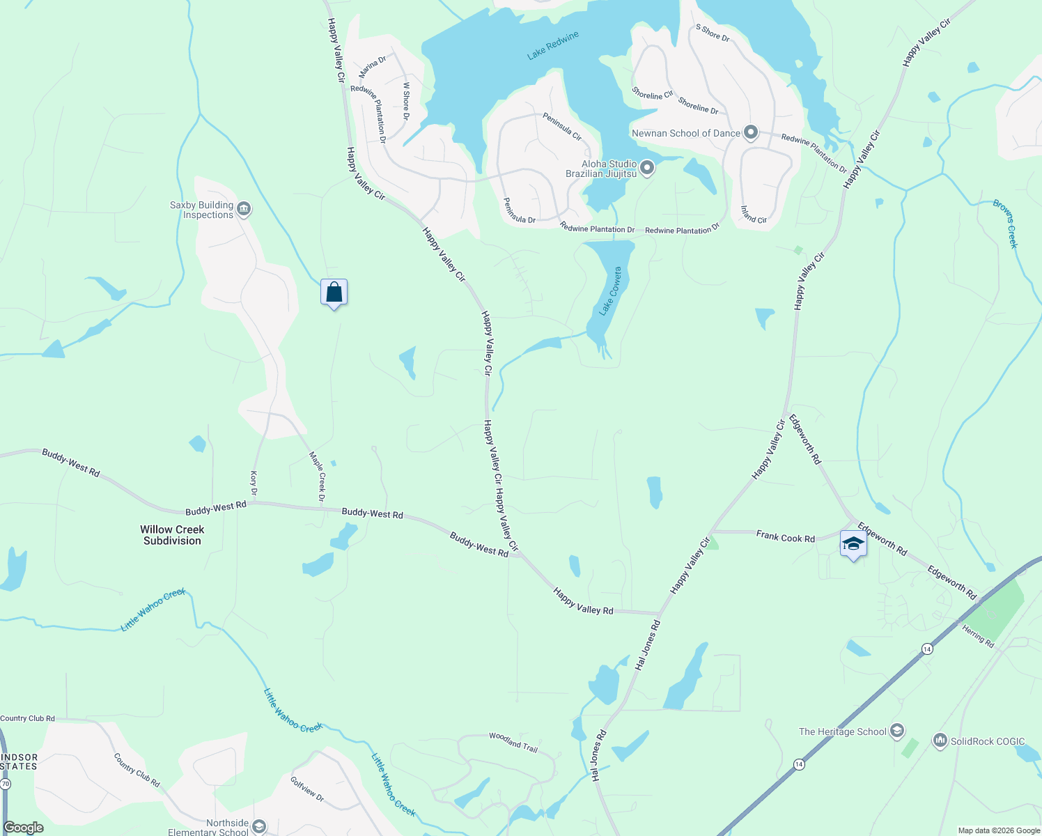map of restaurants, bars, coffee shops, grocery stores, and more near 573 Happy Valley Circle in Newnan