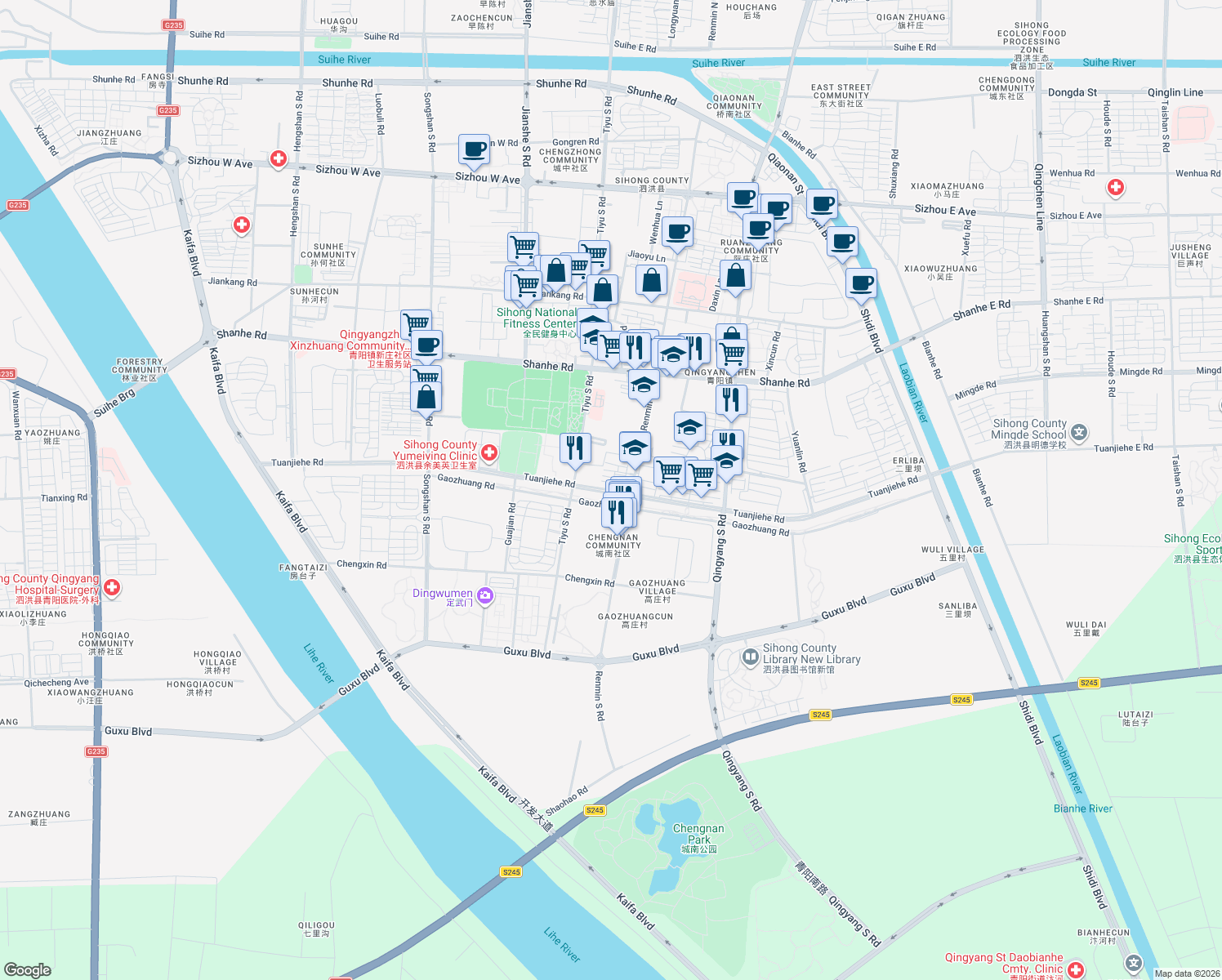 map of restaurants, bars, coffee shops, grocery stores, and more near Tuan Jie He Lu in Su Qian Shi