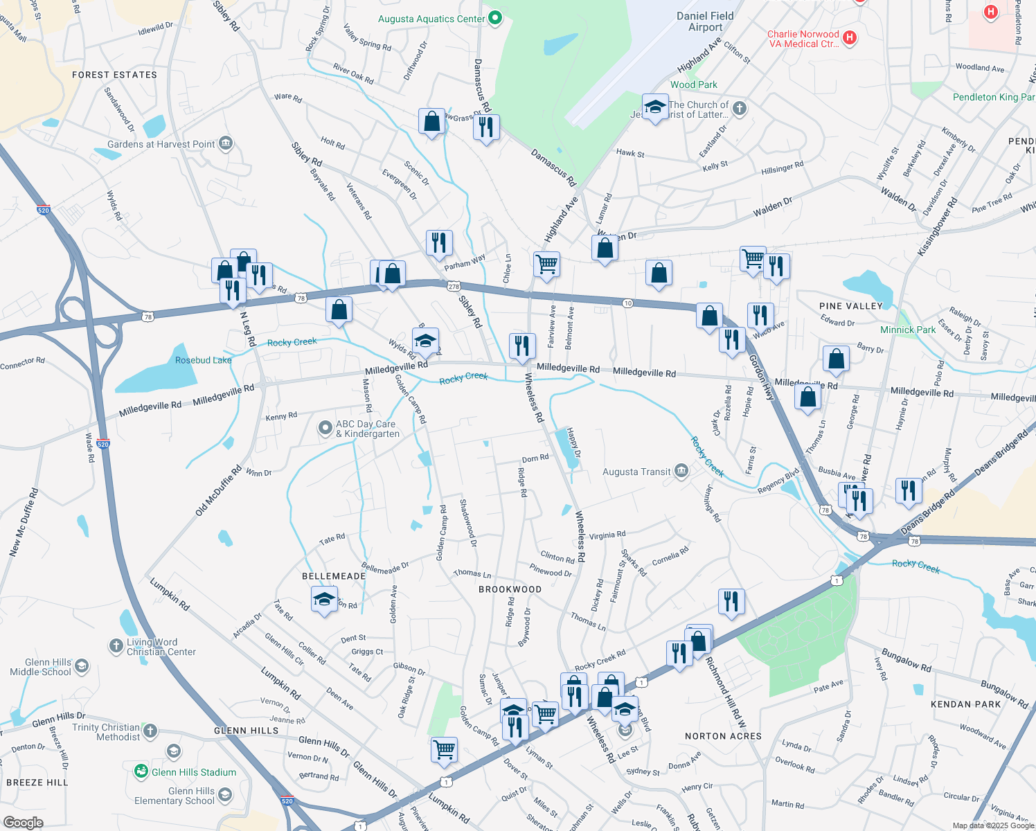 map of restaurants, bars, coffee shops, grocery stores, and more near 2315 Wheeless Road in Augusta