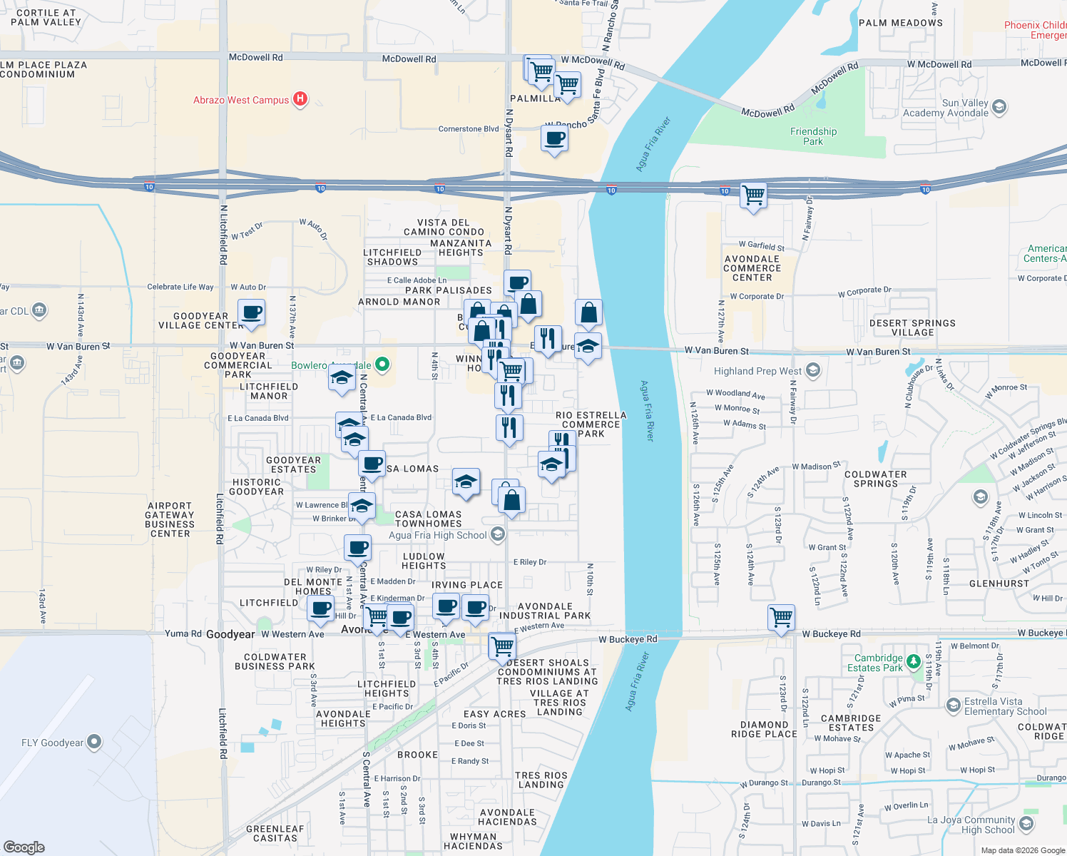 map of restaurants, bars, coffee shops, grocery stores, and more near 827 East Washington Street in Avondale