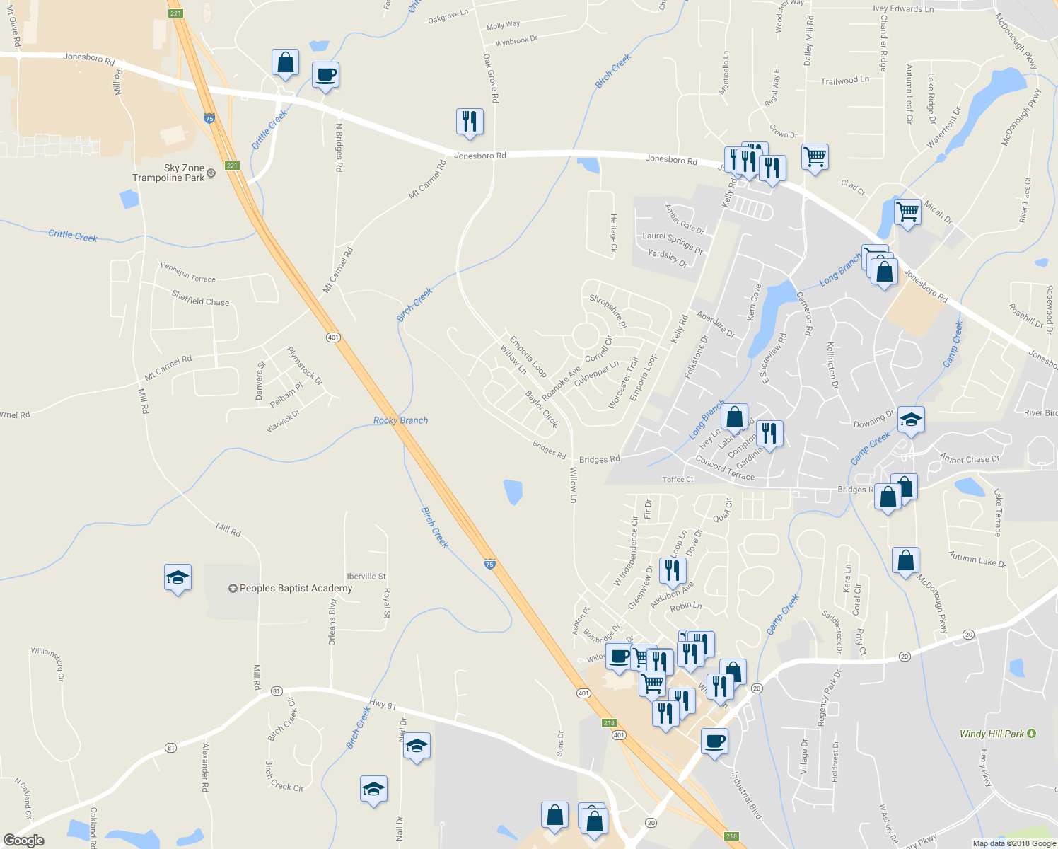 map of restaurants, bars, coffee shops, grocery stores, and more near 3259 Baylor Circle in McDonough