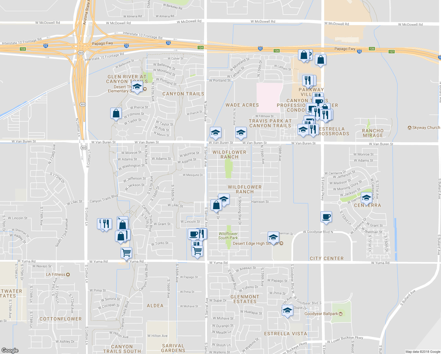 map of restaurants, bars, coffee shops, grocery stores, and more near 16190 West Jefferson Street in Goodyear