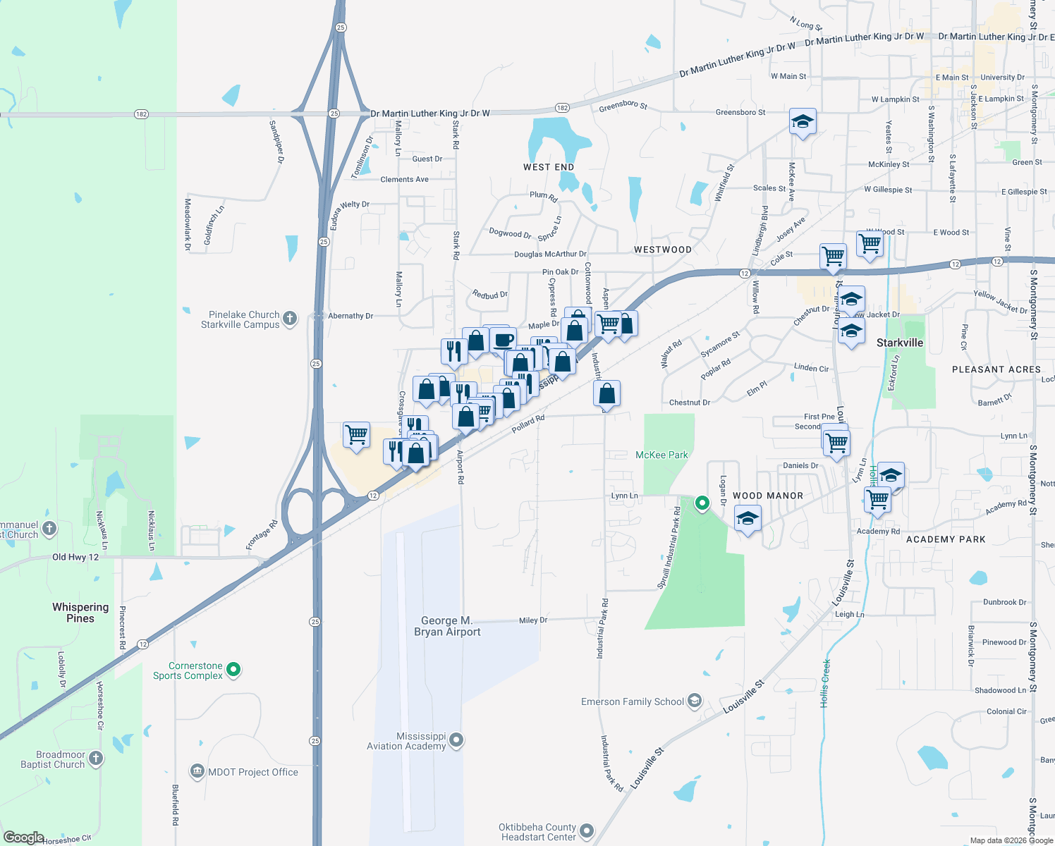 map of restaurants, bars, coffee shops, grocery stores, and more near Pollard Road in Starkville