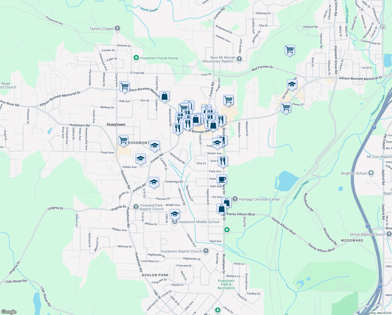 map of restaurants, bars, coffee shops, grocery stores, and more near 228 Dexter Ct in Bessemer