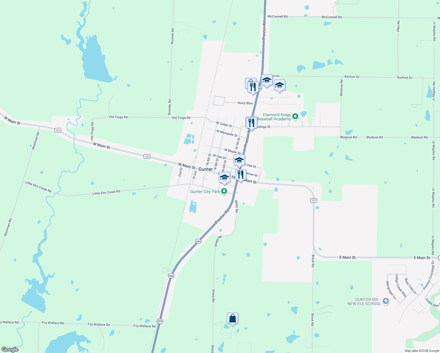 map of restaurants, bars, coffee shops, grocery stores, and more near 301 W Main St in Gunter