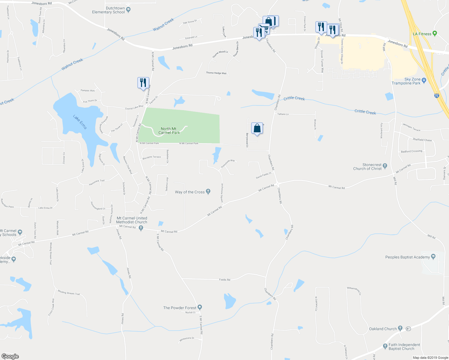 map of restaurants, bars, coffee shops, grocery stores, and more near 124 Archstone Square in McDonough