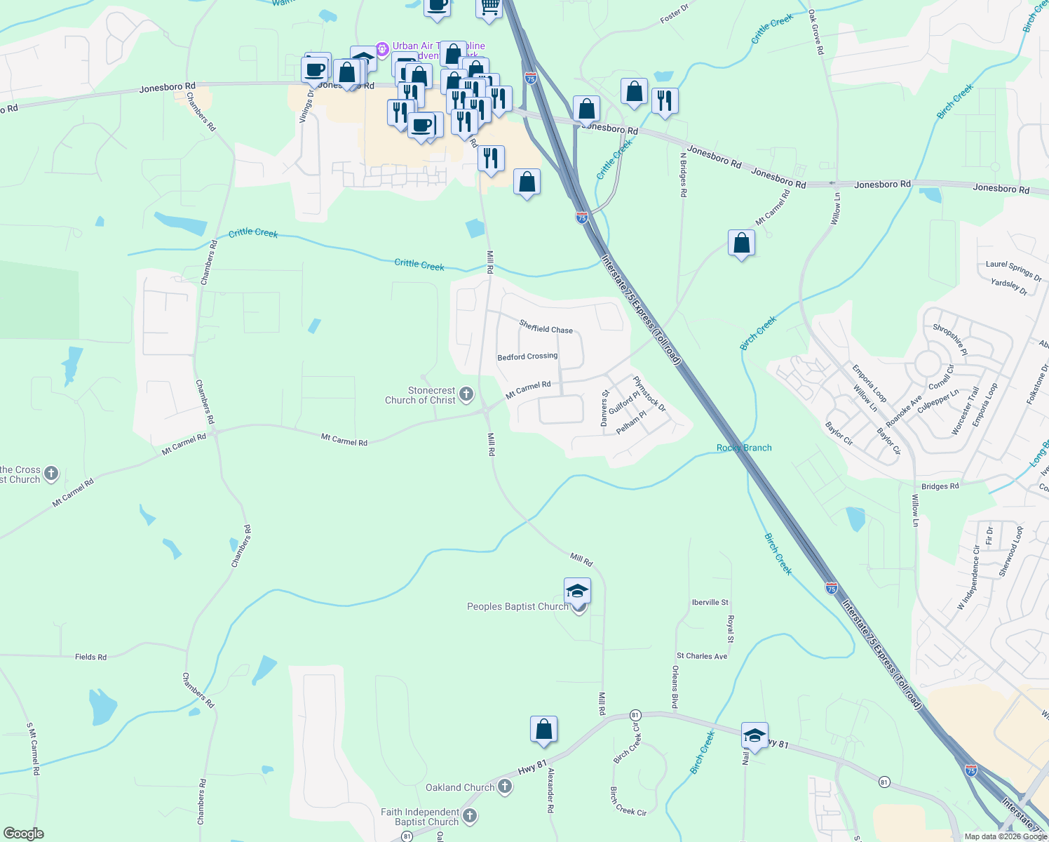map of restaurants, bars, coffee shops, grocery stores, and more near 1008 Rowanshyre Cir in McDonough