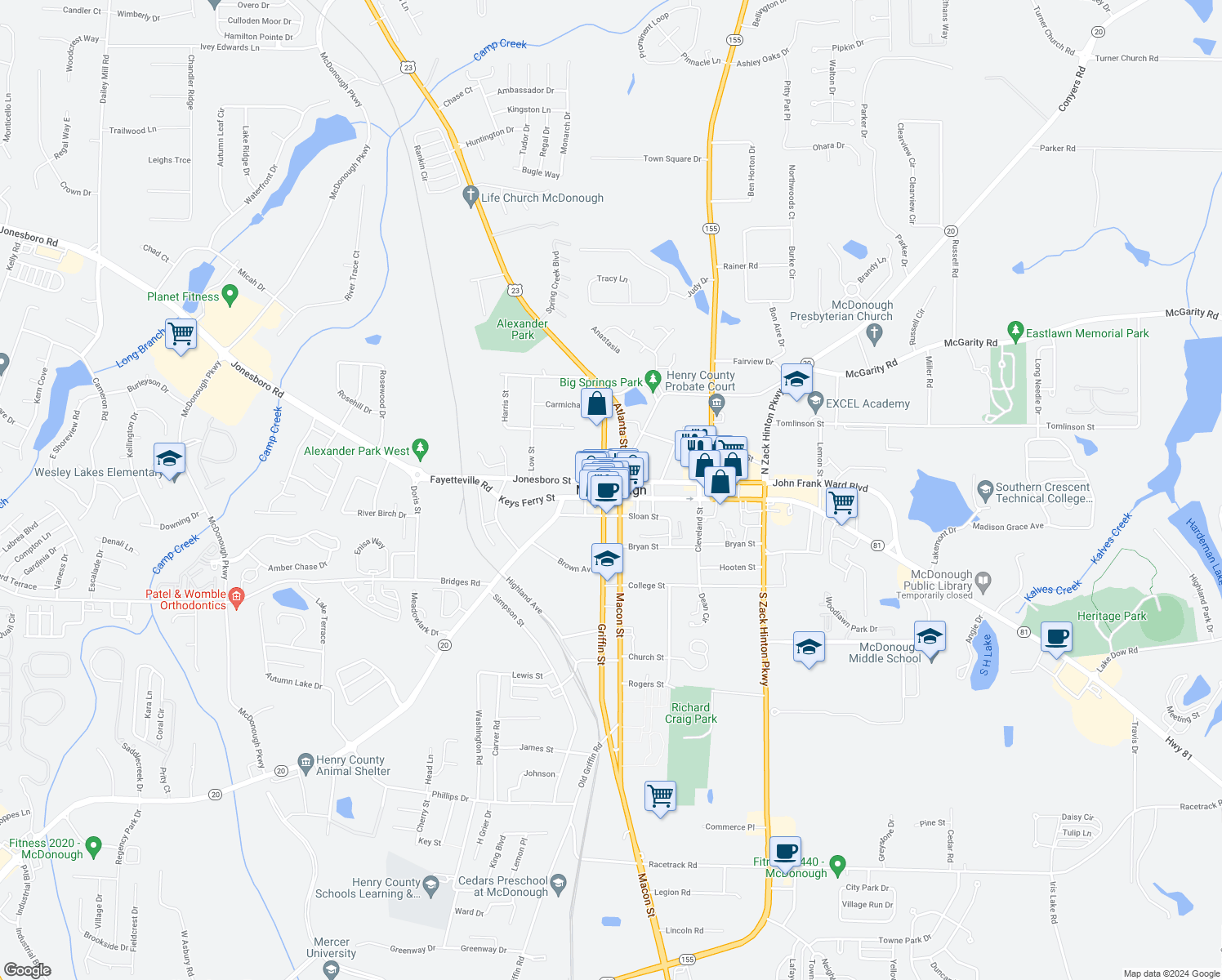 map of restaurants, bars, coffee shops, grocery stores, and more near in McDonough