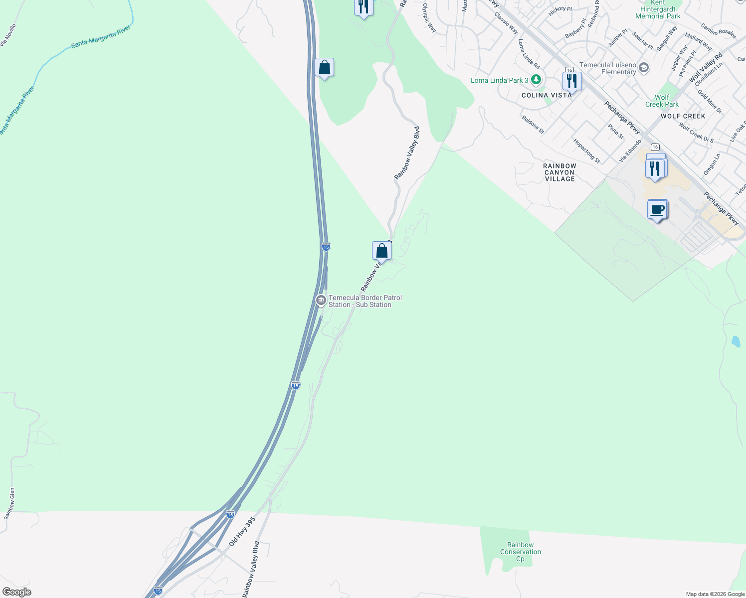 map of restaurants, bars, coffee shops, grocery stores, and more near 46870 Rainbow Canyon Road in Temecula