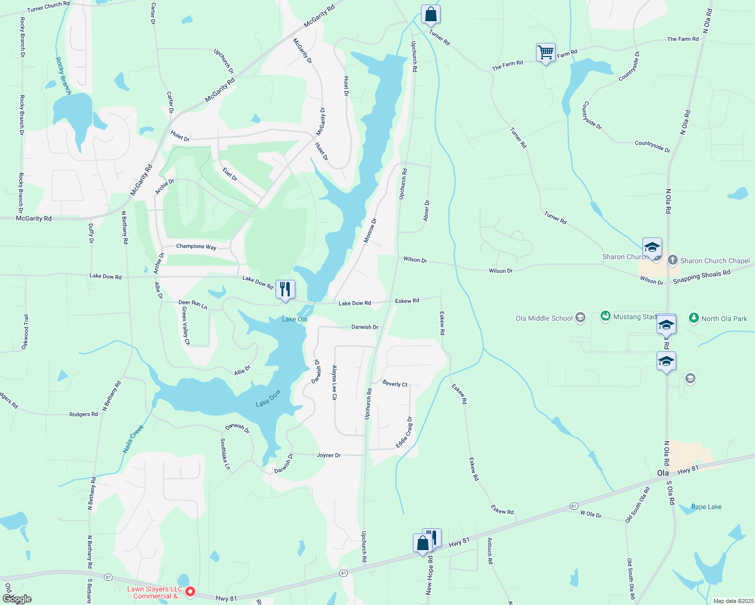 map of restaurants, bars, coffee shops, grocery stores, and more near 1820 Lake Dow Road in McDonough