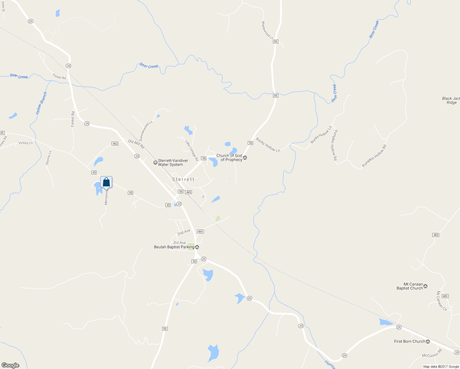 map of restaurants, bars, coffee shops, grocery stores, and more near 18110 County Road 55 in Sterrett