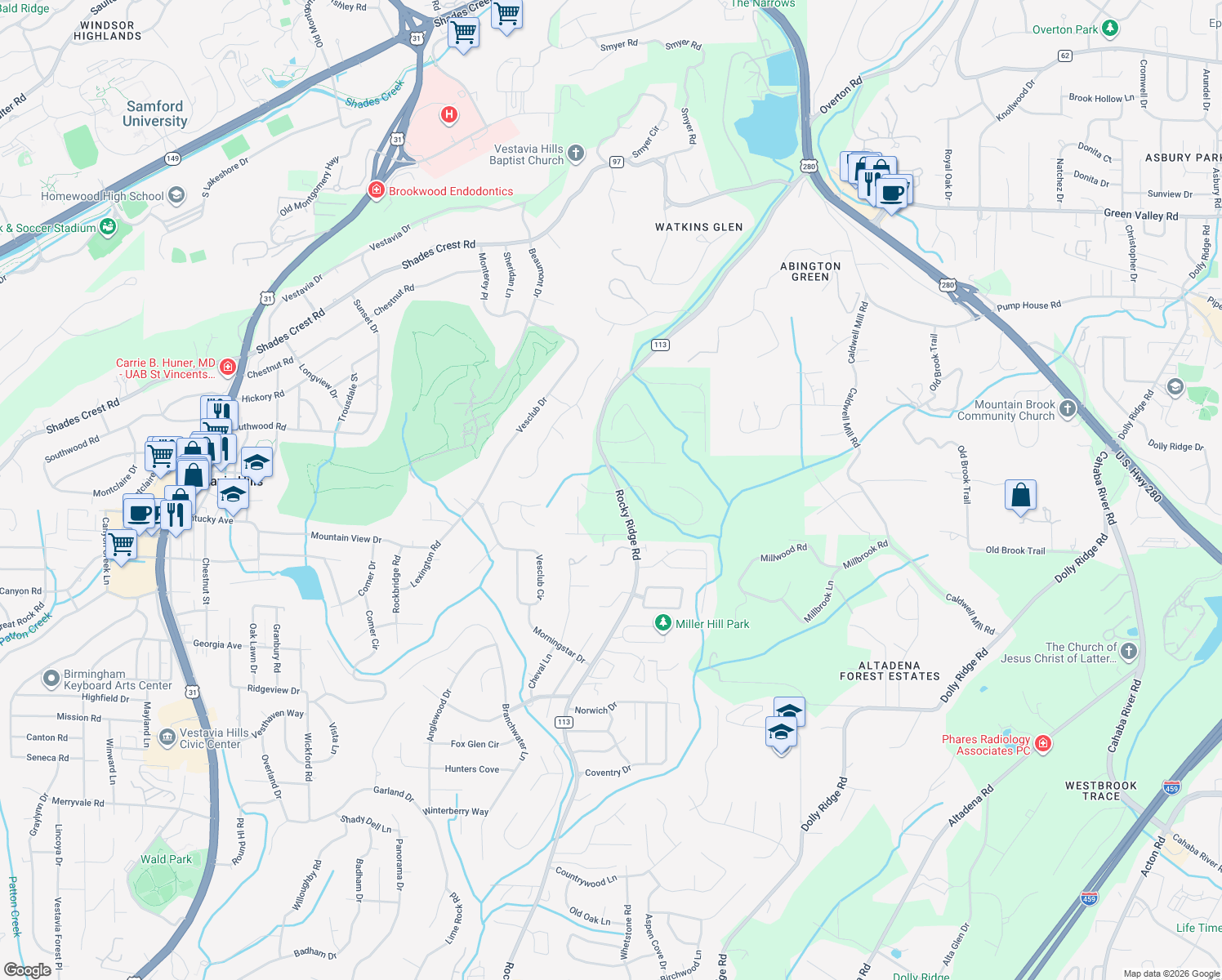 map of restaurants, bars, coffee shops, grocery stores, and more near 2762 Rocky Ridge Road in Vestavia Hills