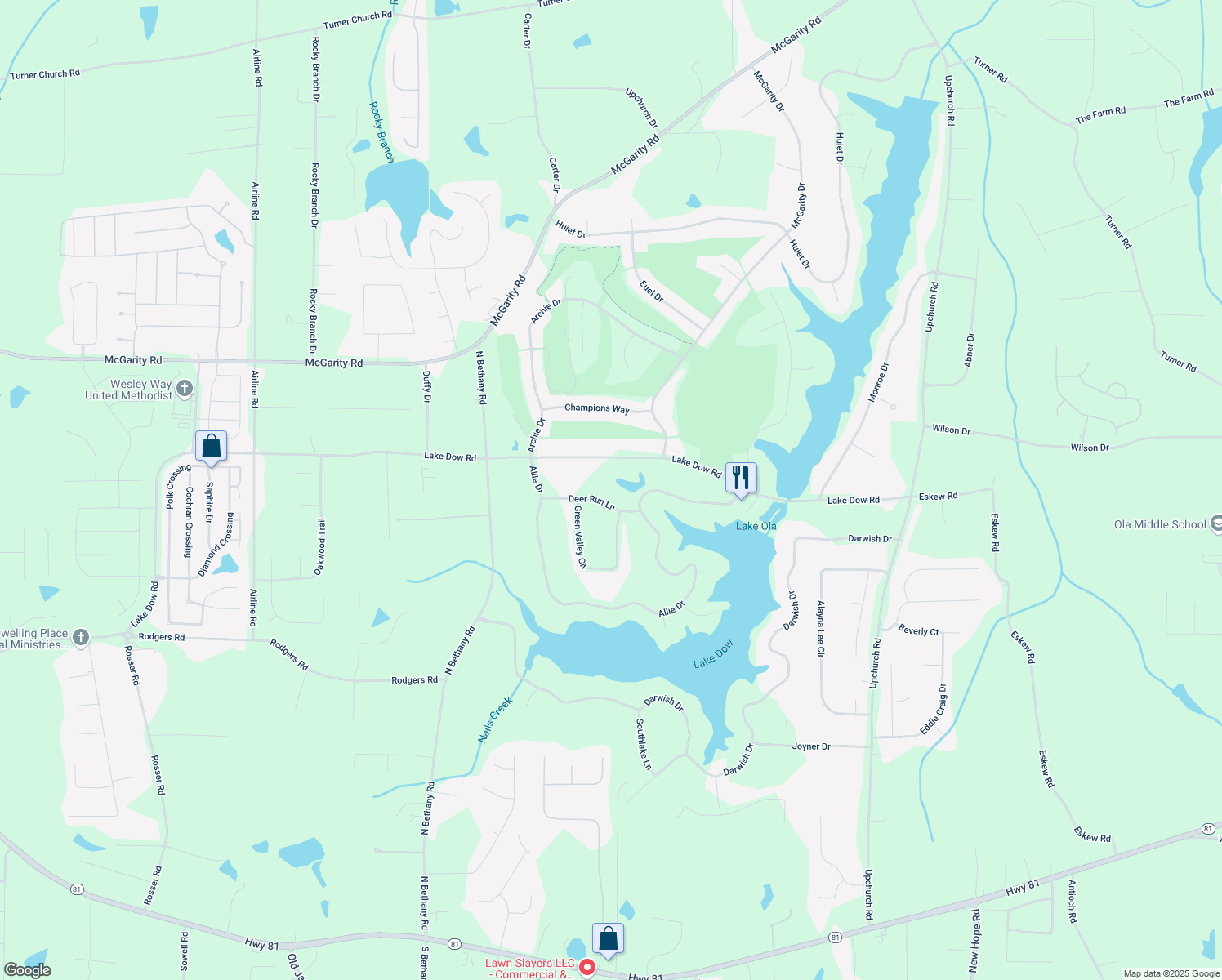map of restaurants, bars, coffee shops, grocery stores, and more near 65 Deer Run Lane in McDonough