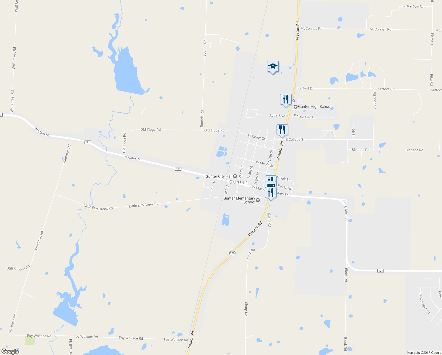 map of restaurants, bars, coffee shops, grocery stores, and more near 604 W Main St in Gunter