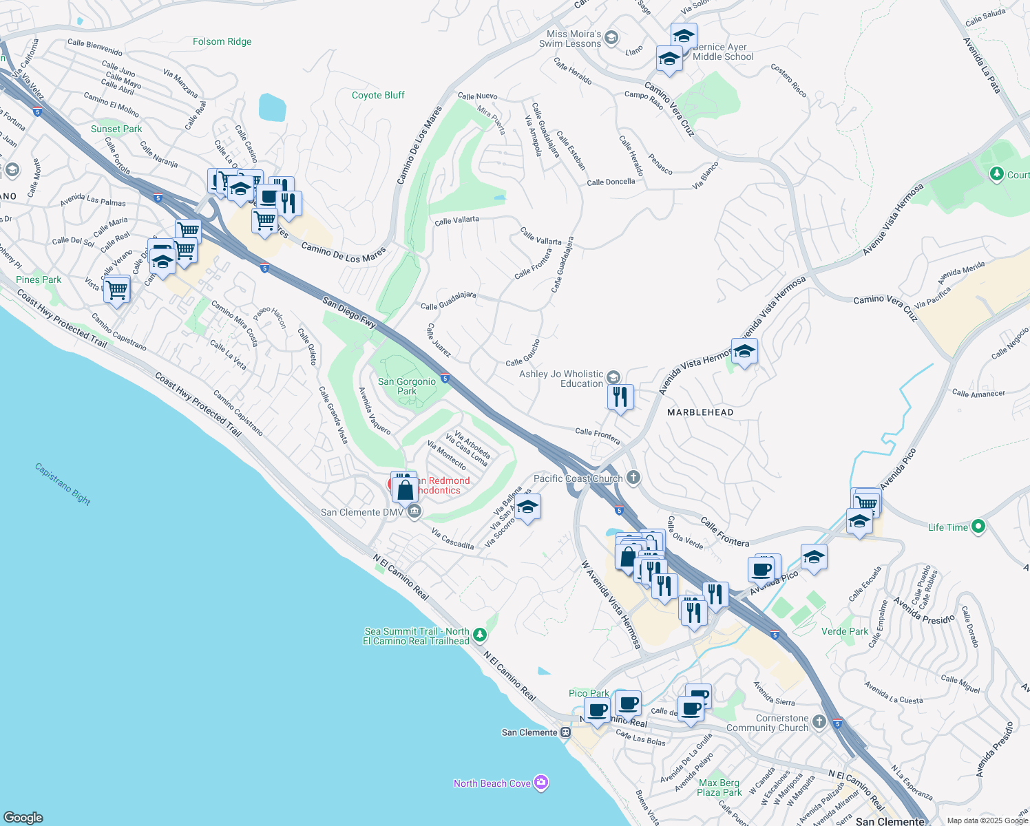 map of restaurants, bars, coffee shops, grocery stores, and more near 2921 Calle Frontera in San Clemente