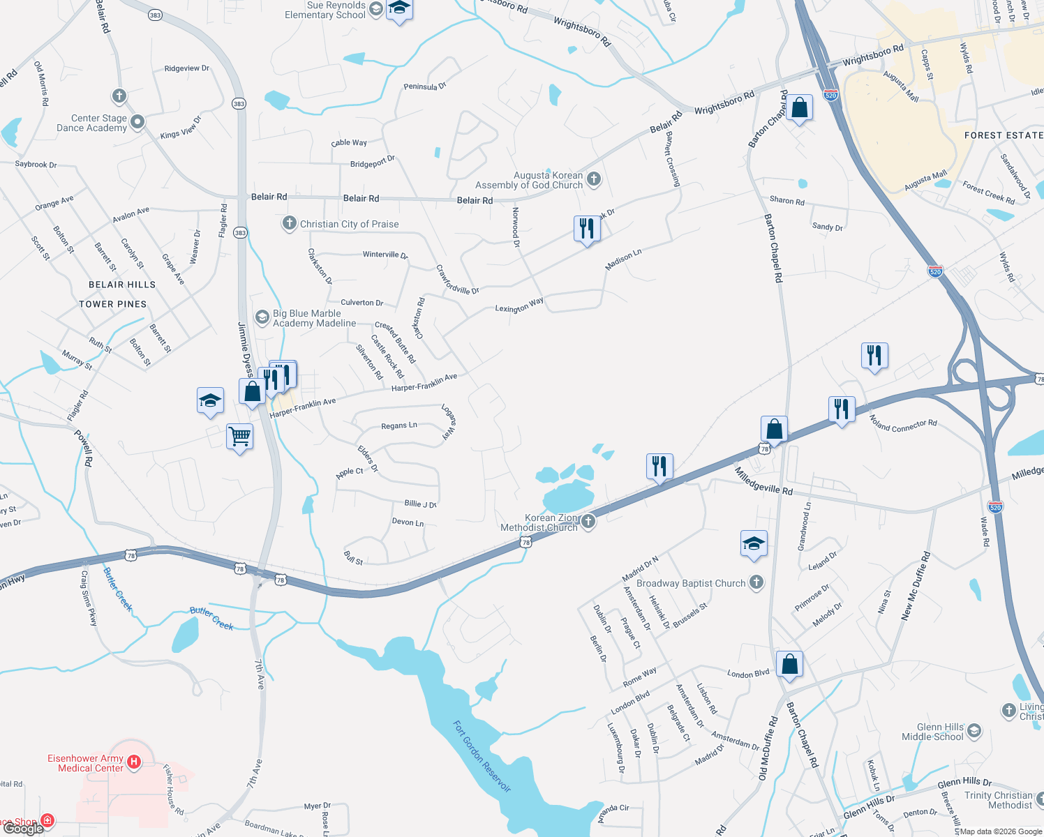 map of restaurants, bars, coffee shops, grocery stores, and more near 749 Holderness Court in Augusta