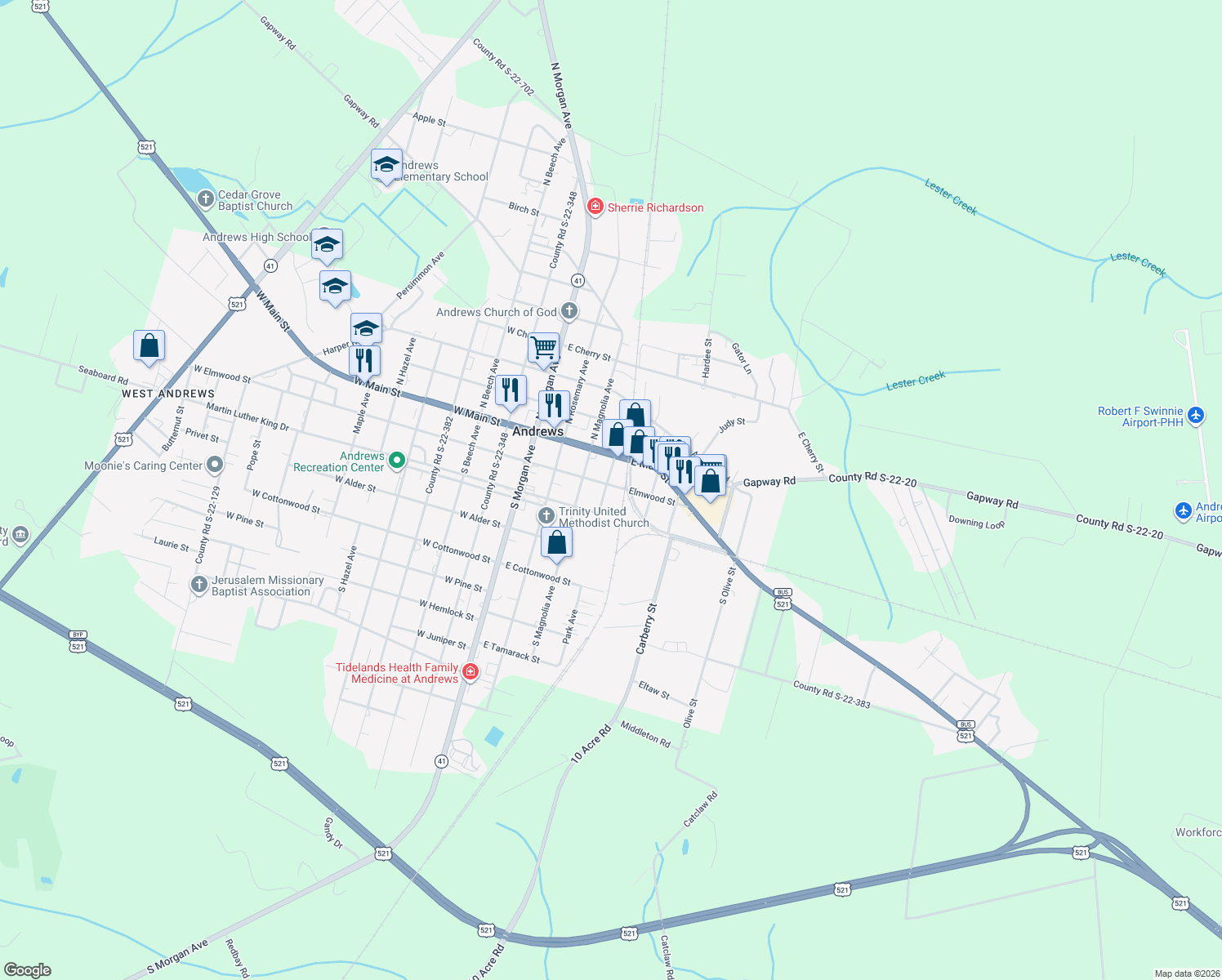 map of restaurants, bars, coffee shops, grocery stores, and more near 101 South Park Avenue in Andrews