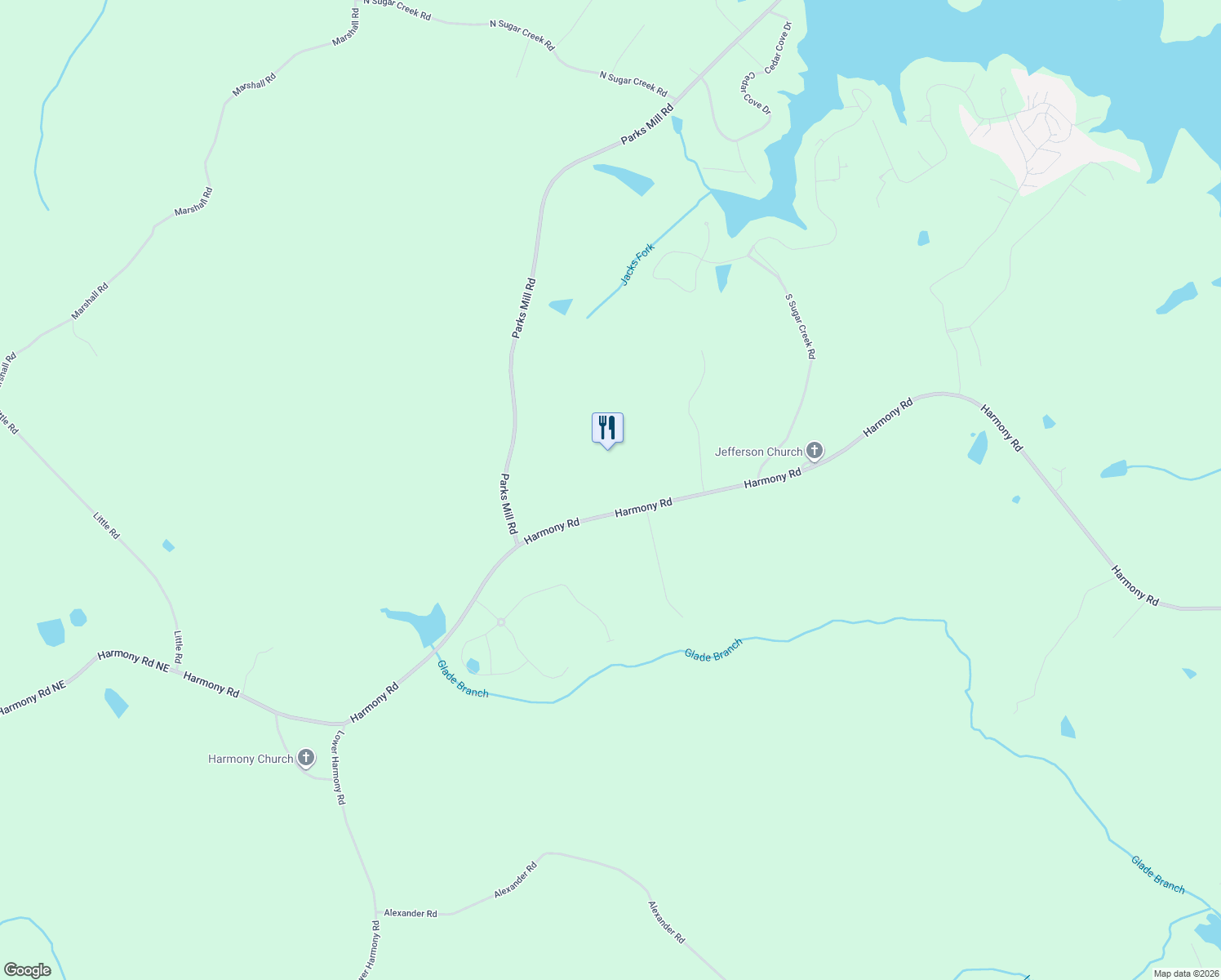 map of restaurants, bars, coffee shops, grocery stores, and more near 507 Harmony Road in Eatonton