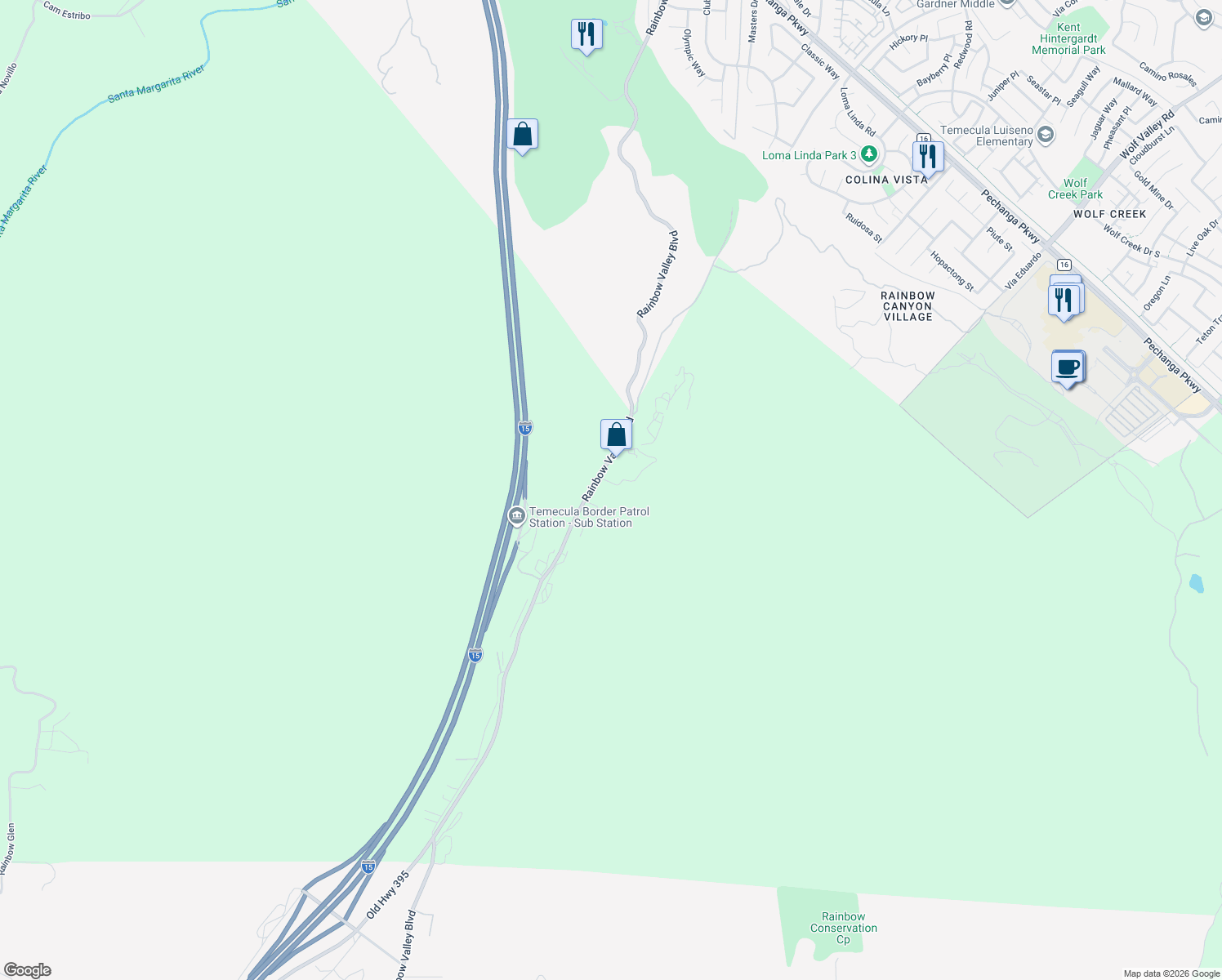 map of restaurants, bars, coffee shops, grocery stores, and more near 46870 Rainbow Canyon Road in Temecula