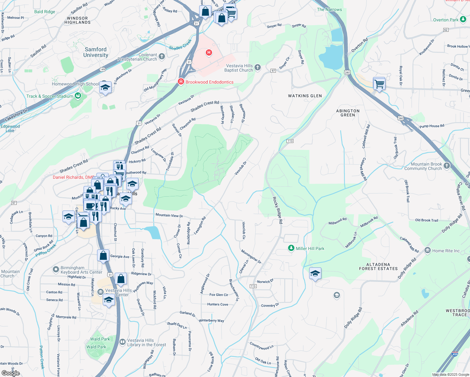 map of restaurants, bars, coffee shops, grocery stores, and more near 1741 Vestwood Hills Drive in Vestavia Hills