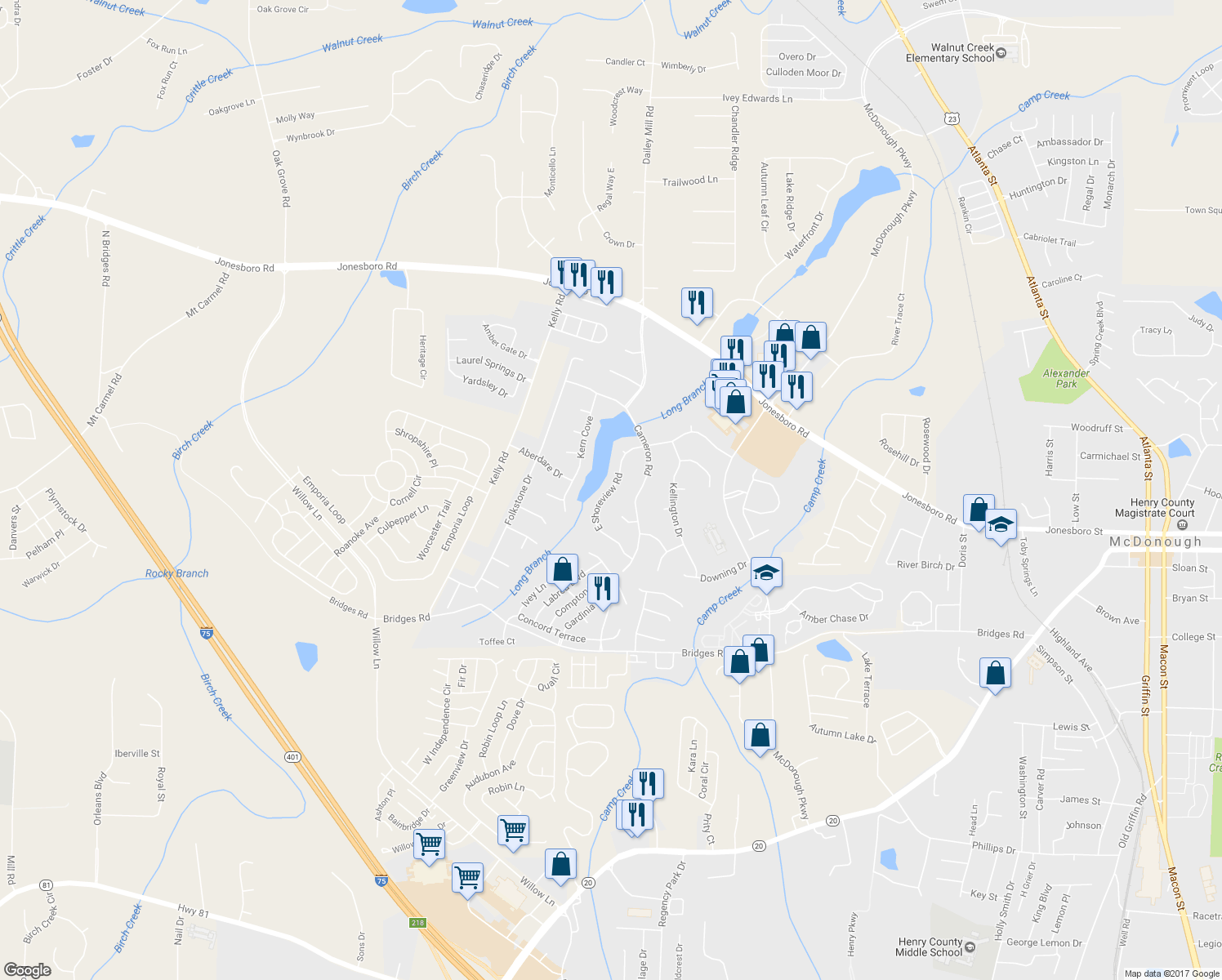 map of restaurants, bars, coffee shops, grocery stores, and more near East Shoreview Road in McDonough