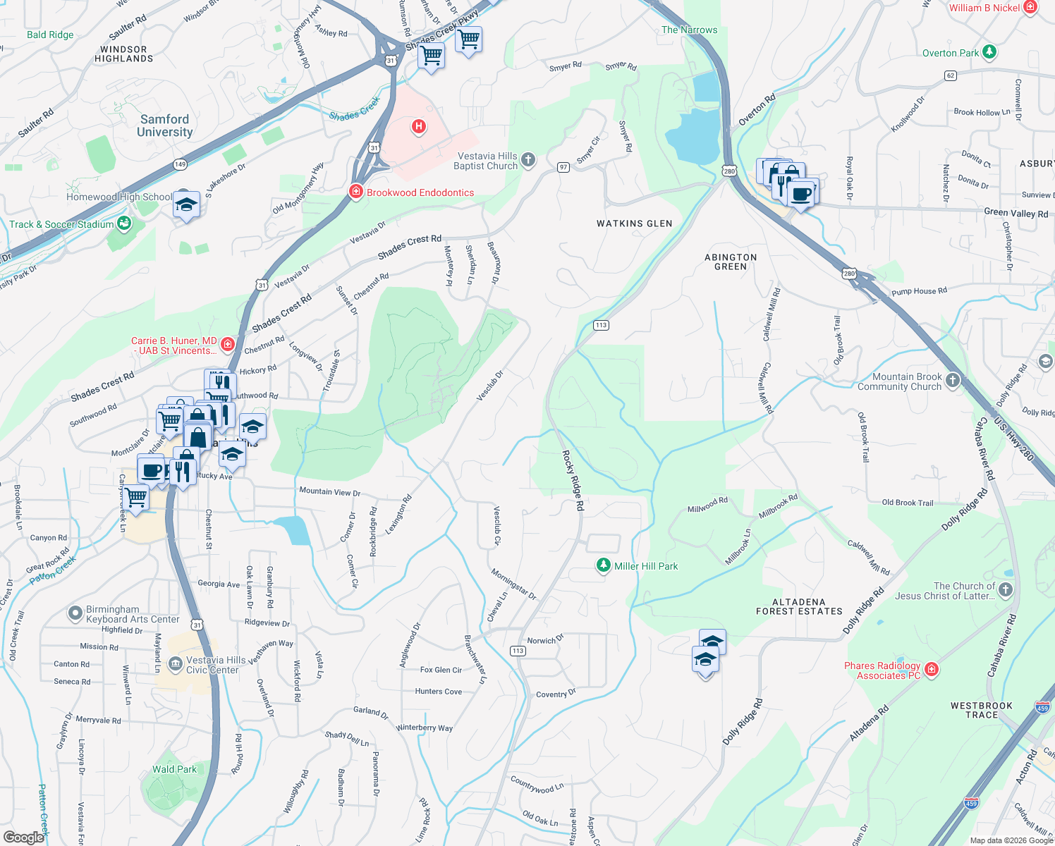 map of restaurants, bars, coffee shops, grocery stores, and more near 2790 Rocky Ridge Road in Vestavia Hills