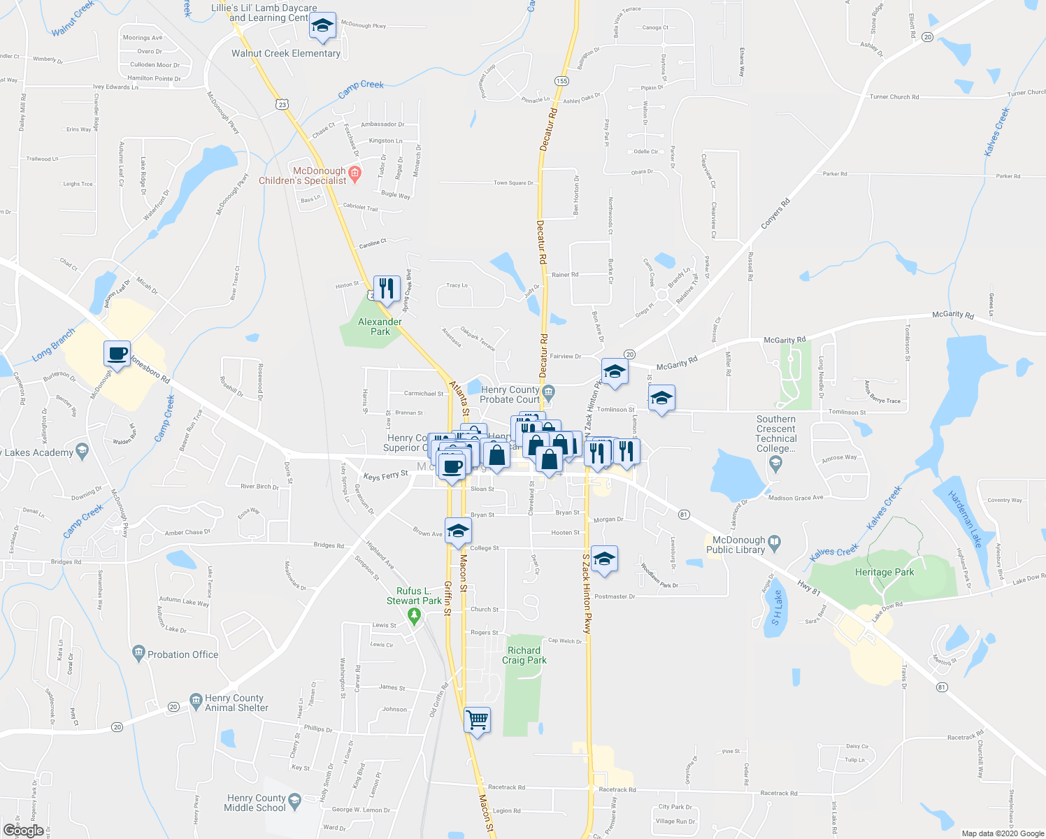 map of restaurants, bars, coffee shops, grocery stores, and more near 18 Copeland Street in McDonough