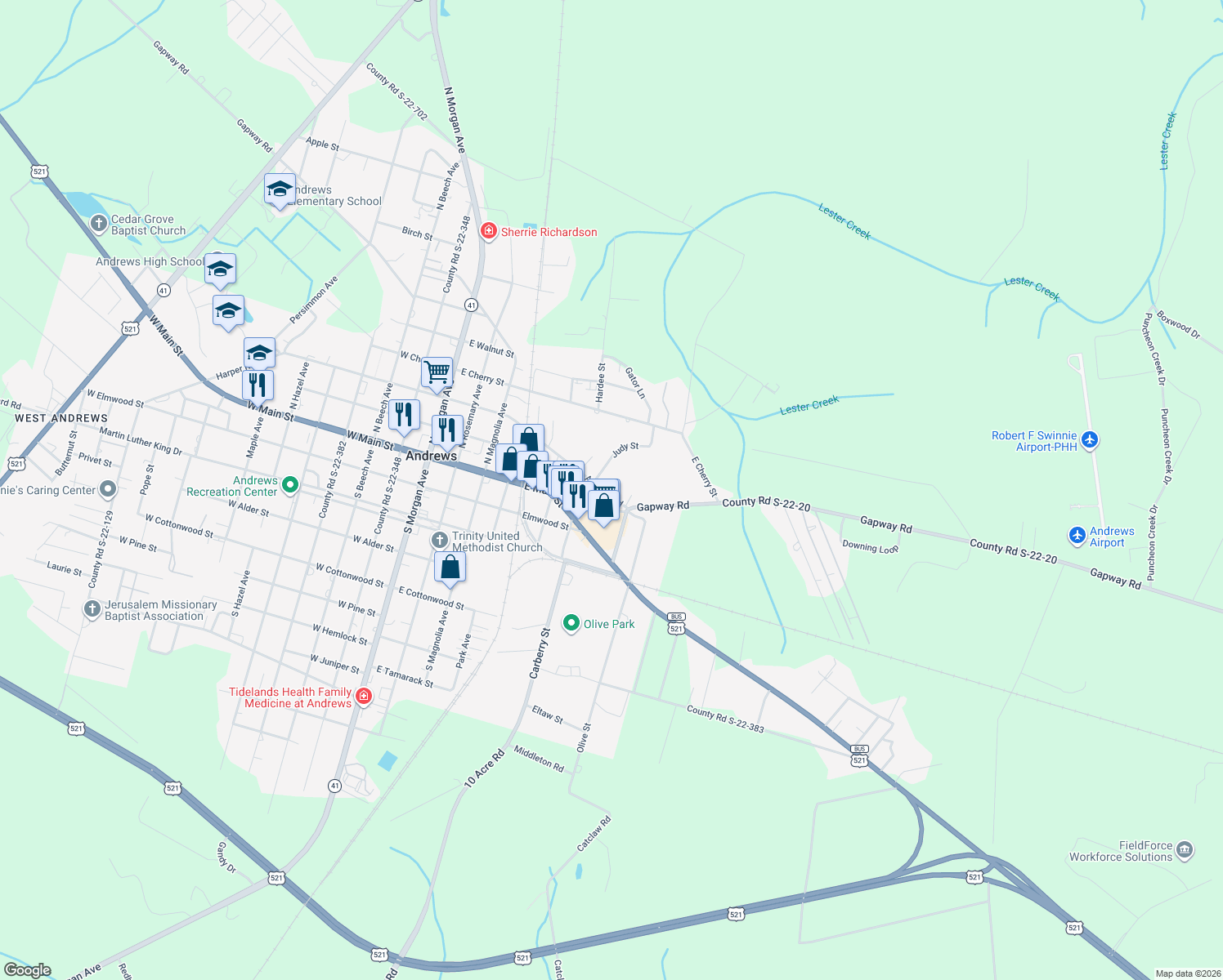 map of restaurants, bars, coffee shops, grocery stores, and more near 609 Ashland Road in Andrews