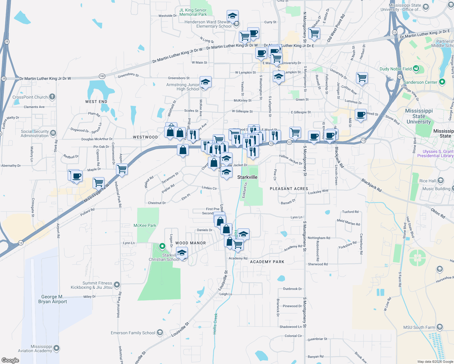 map of restaurants, bars, coffee shops, grocery stores, and more near 855 Louisville Street in Starkville