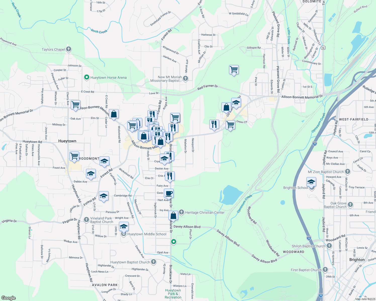 map of restaurants, bars, coffee shops, grocery stores, and more near 137 Mabelon Drive in Bessemer