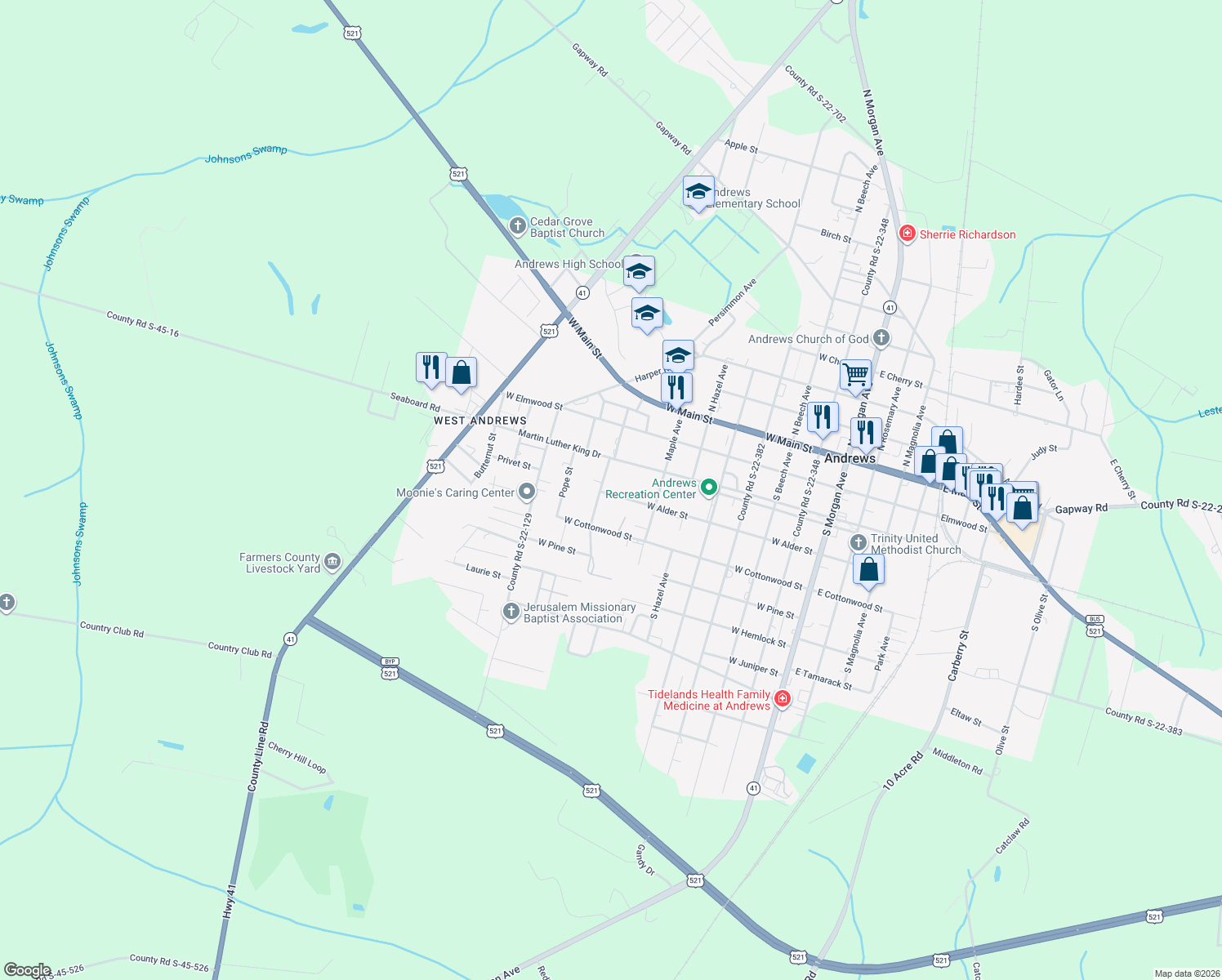 map of restaurants, bars, coffee shops, grocery stores, and more near 11 Raymond Street in Andrews