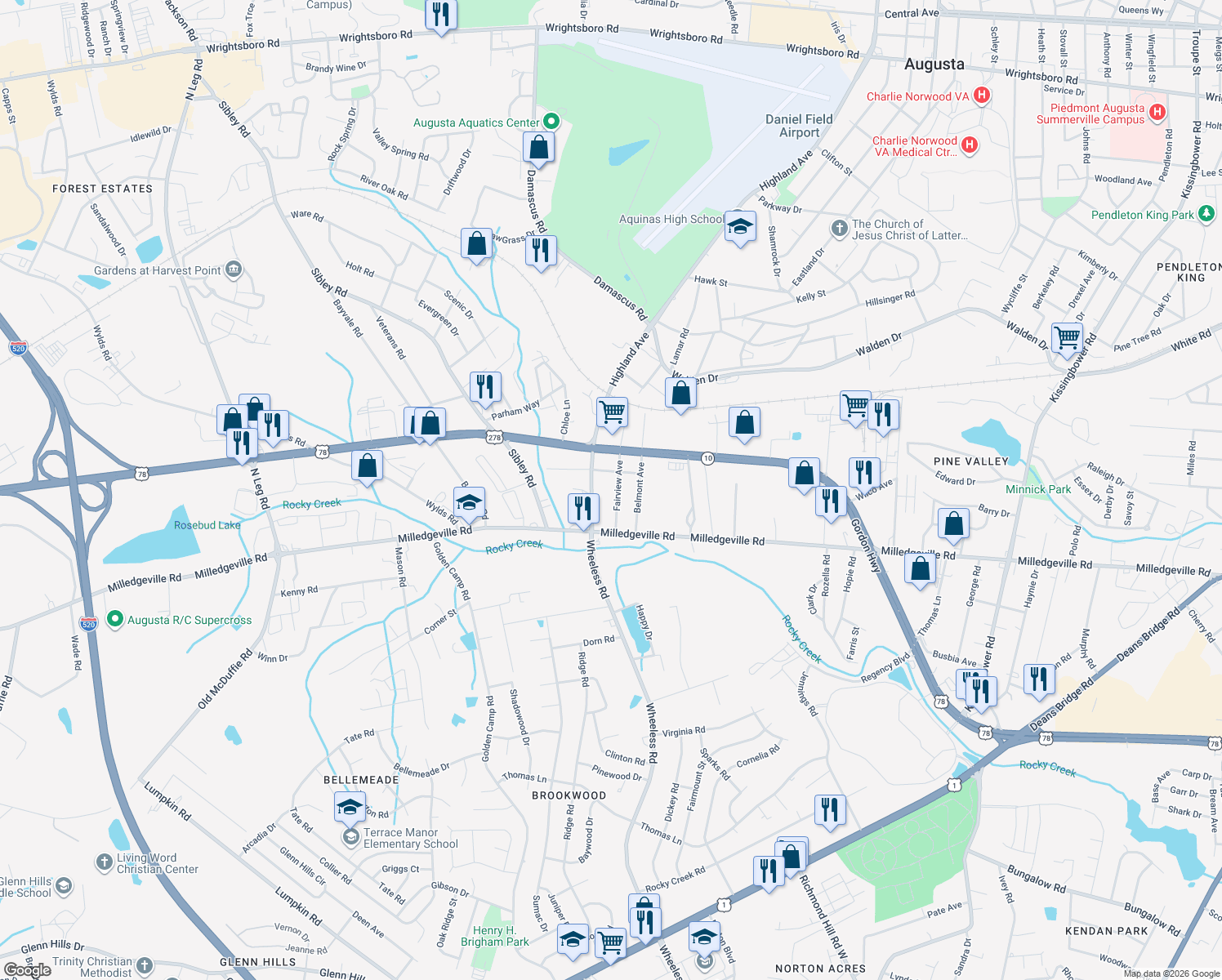 map of restaurants, bars, coffee shops, grocery stores, and more near 1812 Fairview Avenue in Augusta