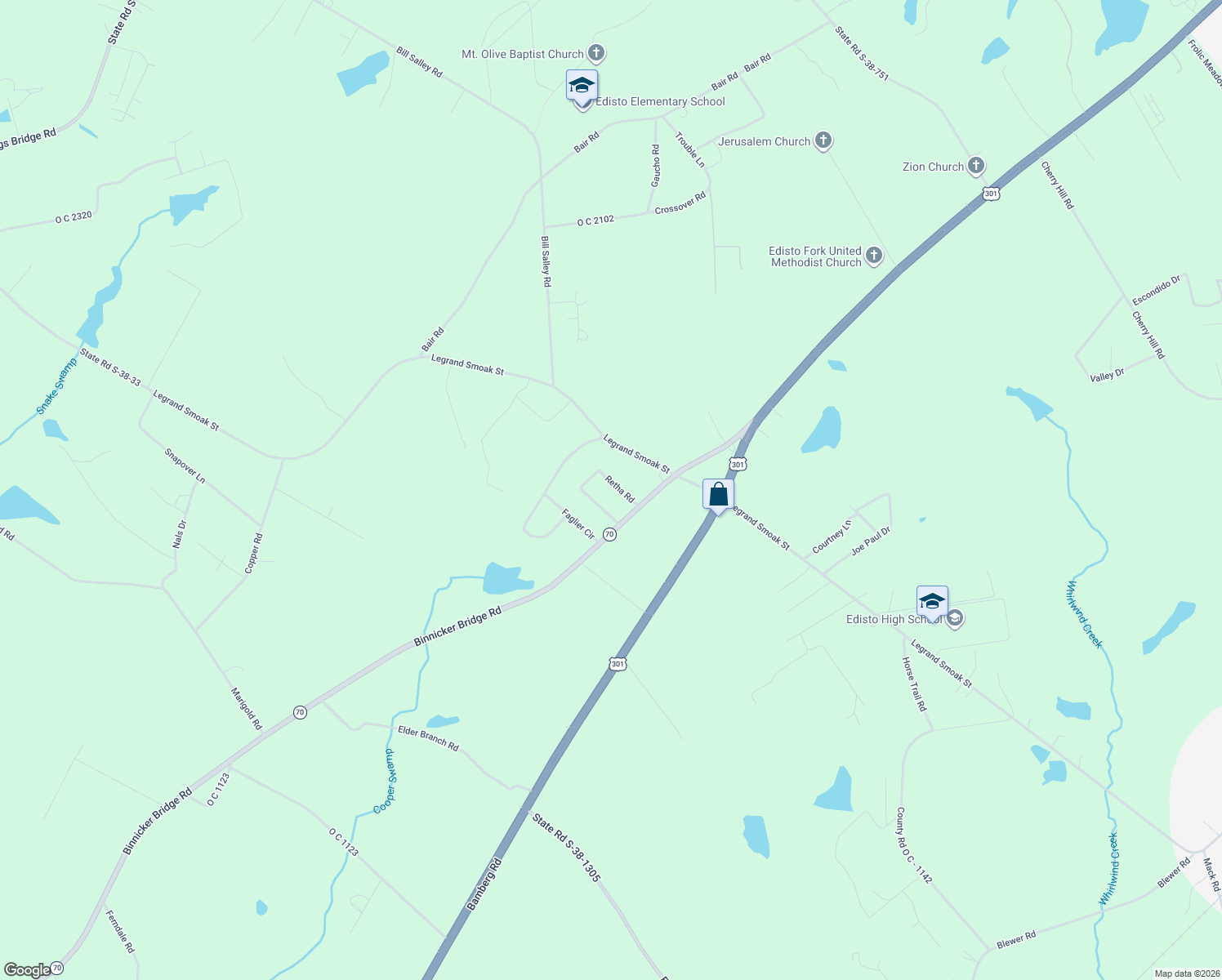 map of restaurants, bars, coffee shops, grocery stores, and more near 180 Moccasin Road in Orangeburg