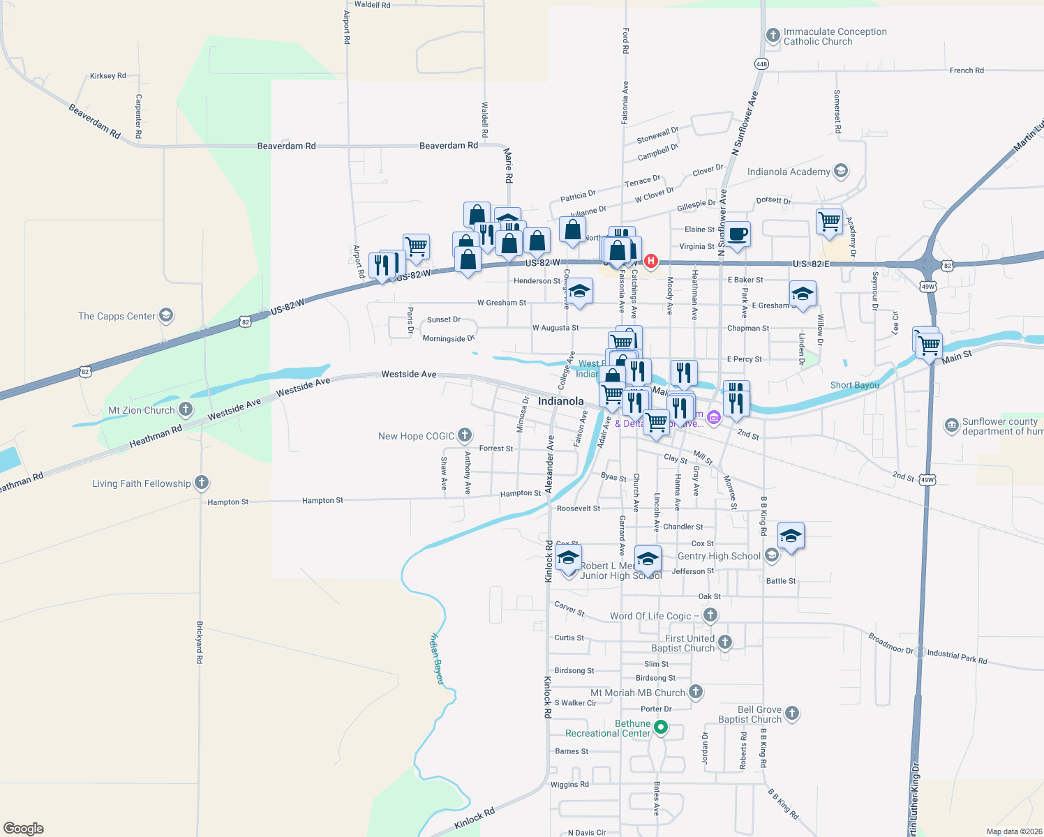 map of restaurants, bars, coffee shops, grocery stores, and more near 398 Jackson Street in Indianola