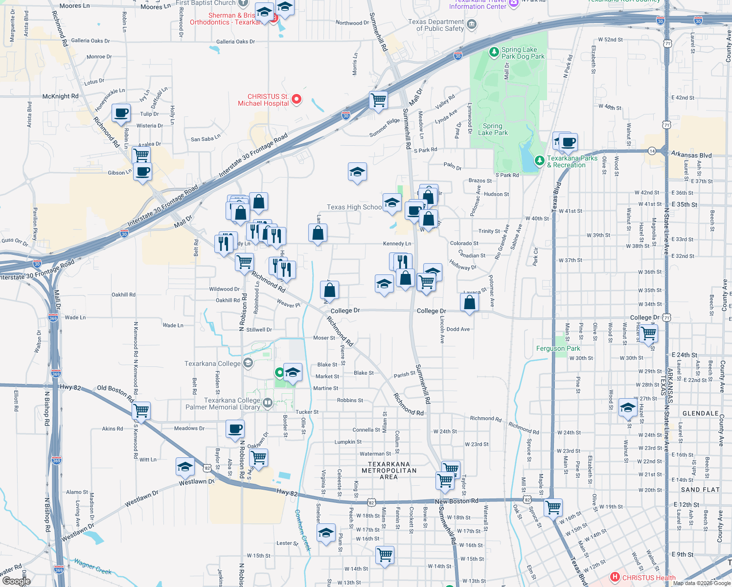 map of restaurants, bars, coffee shops, grocery stores, and more near 2202 Shady Lane in Texarkana