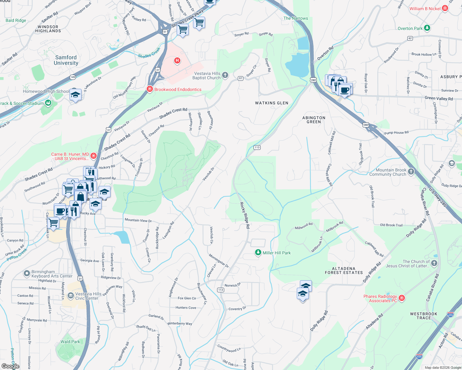 map of restaurants, bars, coffee shops, grocery stores, and more near 2790 Rocky Ridge Road in Vestavia Hills