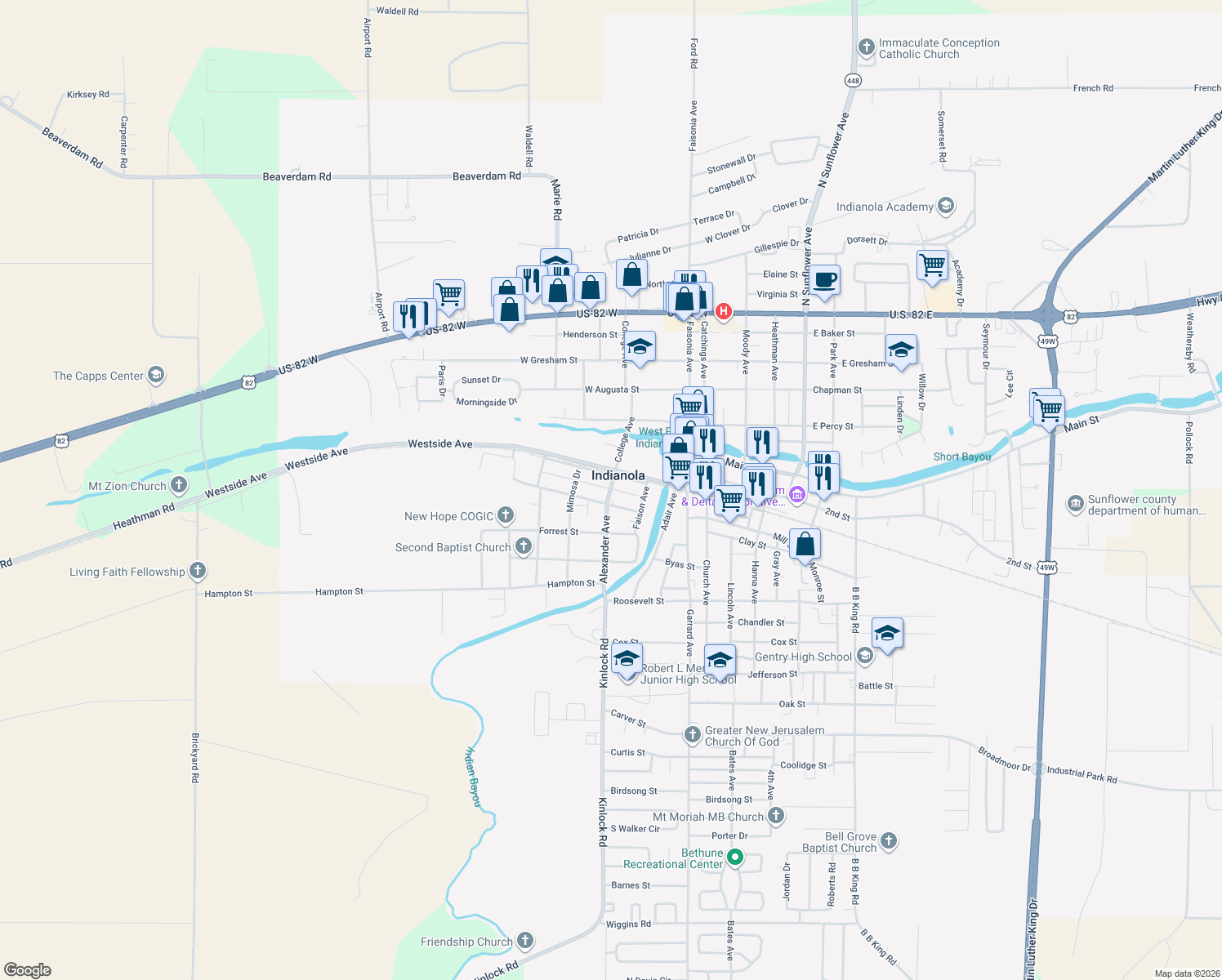 map of restaurants, bars, coffee shops, grocery stores, and more near 299 Hood Street in Indianola