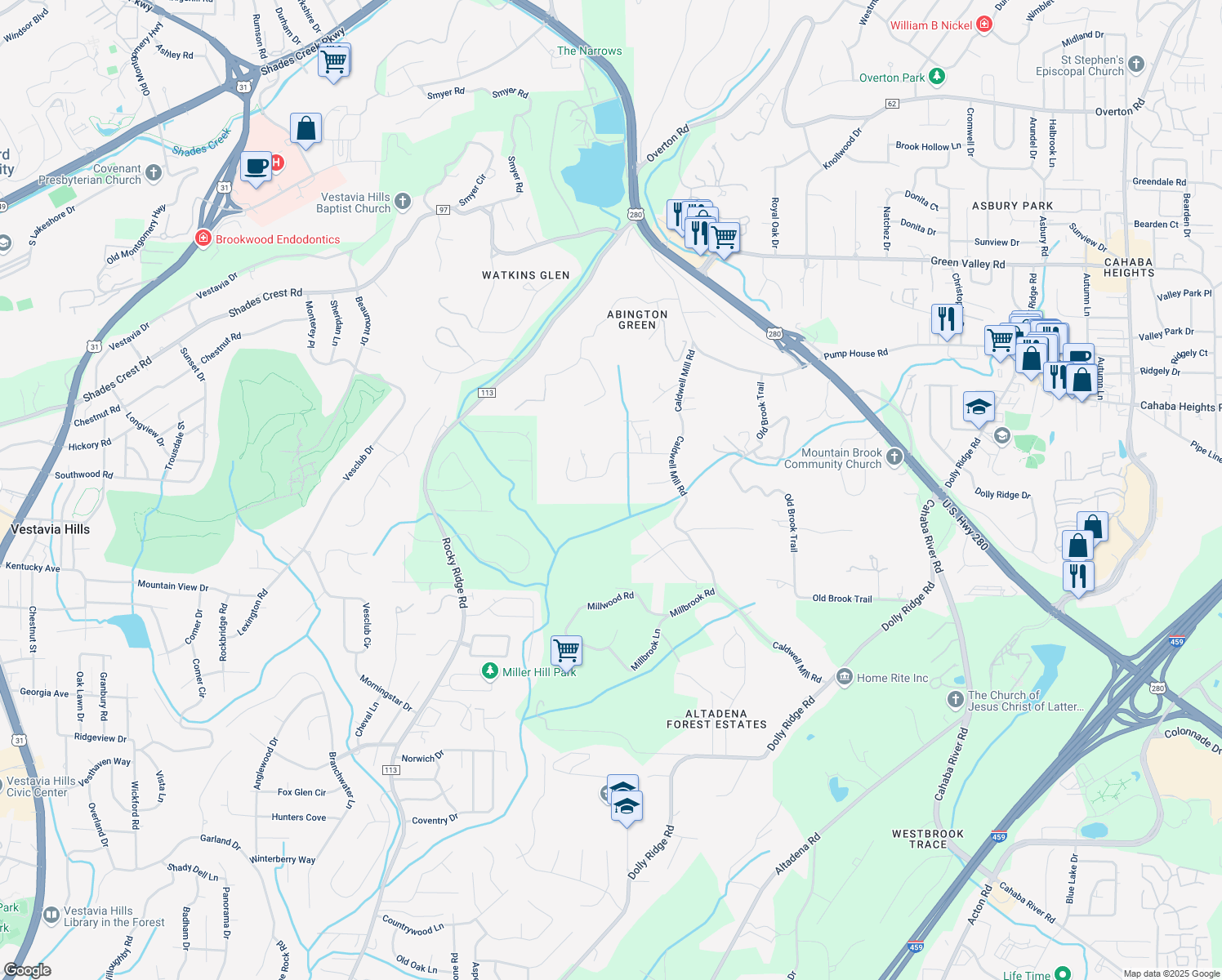 map of restaurants, bars, coffee shops, grocery stores, and more near 2613 Caldwell Mill Lane in Birmingham