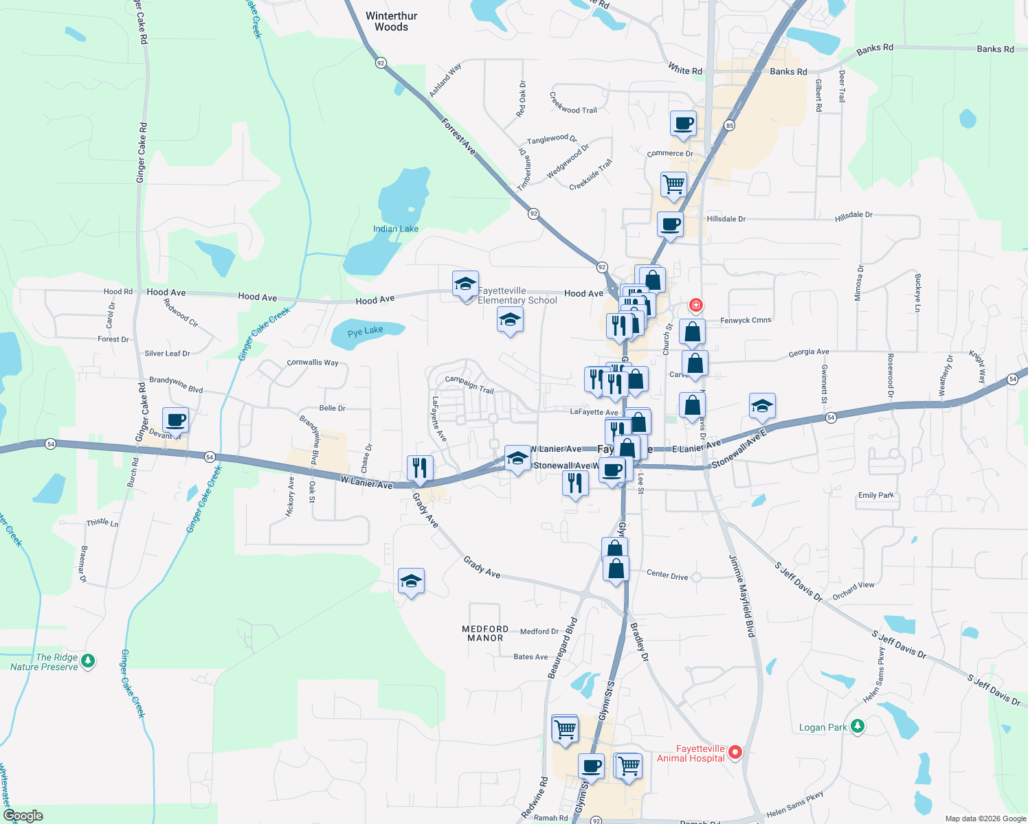 map of restaurants, bars, coffee shops, grocery stores, and more near 180 Camford Stone Path in Fayetteville