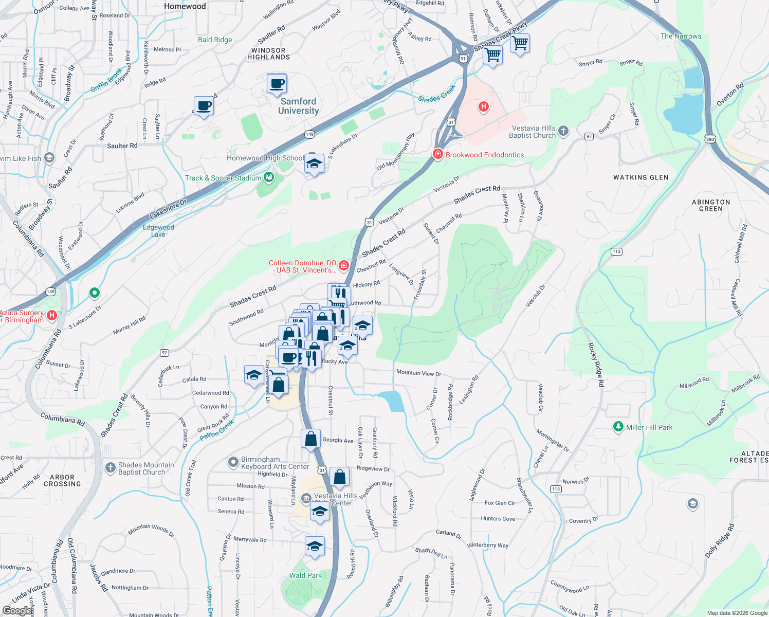 map of restaurants, bars, coffee shops, grocery stores, and more near 2109 Southwood Road in Vestavia Hills