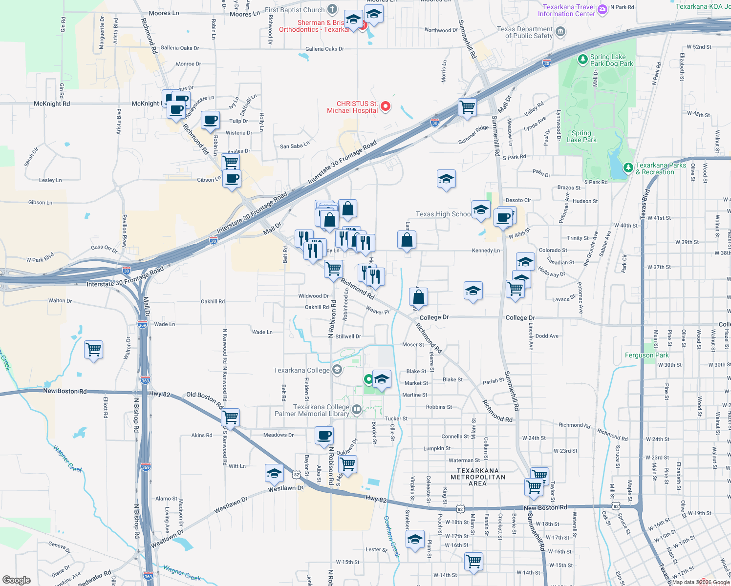 map of restaurants, bars, coffee shops, grocery stores, and more near 1718 Richmond Rd in Texarkana