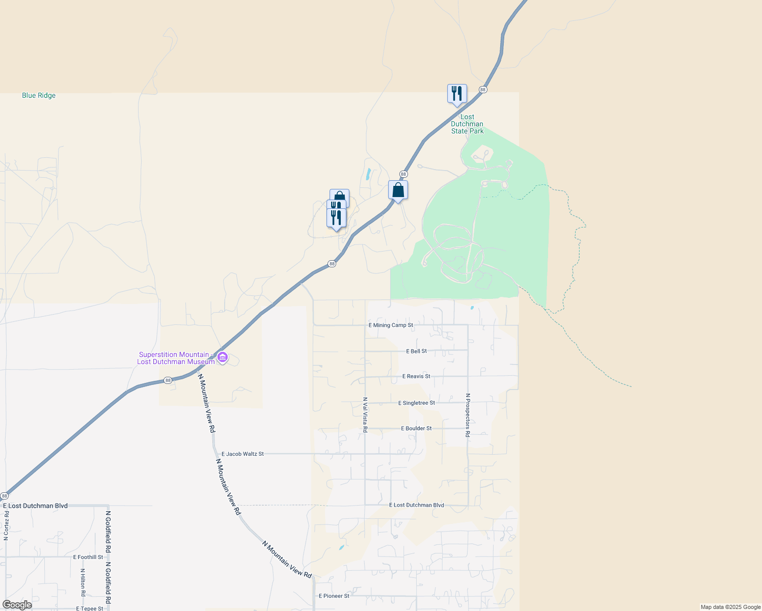 map of restaurants, bars, coffee shops, grocery stores, and more near 5315 East McKellips Boulevard in Apache Junction